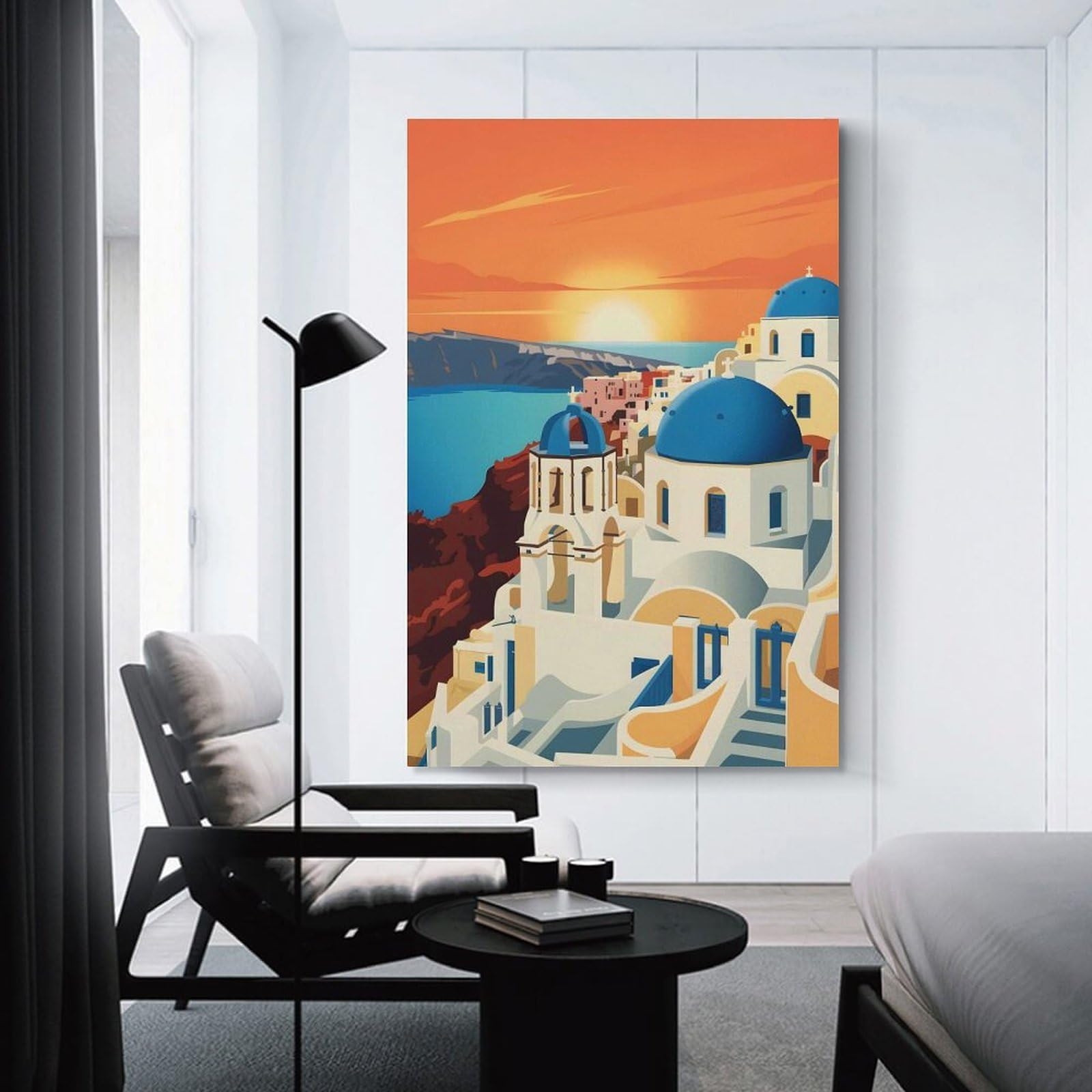 Junmoney Canvas Art Print Santorini Sunset Illustration, 20x30inch(50x75cm), for Feature Walls in Flats Or Modern Rooms, Wall Decor Suited to Curated Displays