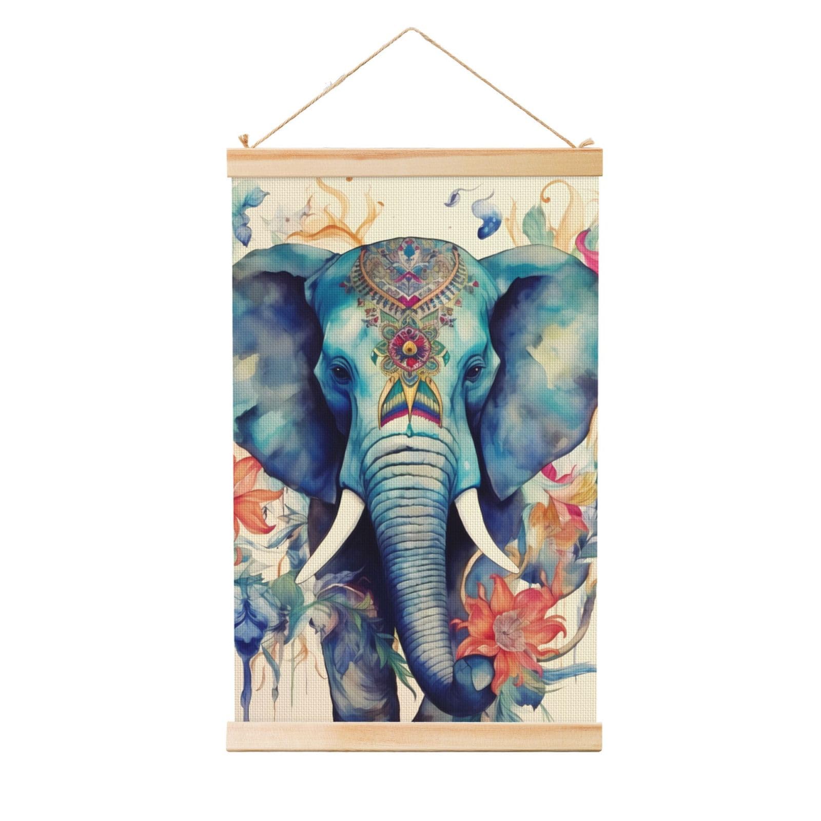 Peacock Feathers Elephant Posters Wooden Shaft Hanging Poster Canvas Prints Scroll Wall Art Painting Vintage Wall Banner Modern Artwork Decor for Home Decor Ready to Hang 20"x30"