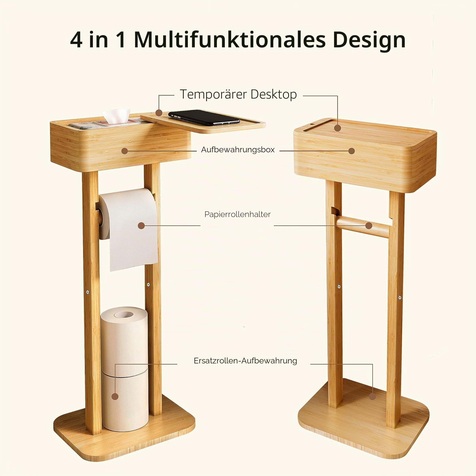 Wealone 4-in-1 Freistehender Toilettenpapierhalter mit Oberem Ablagefach, Bambus Klopapierhalter Stehend, Toilettenpapierhalter mit Feuchttücherbox, Vorübergehende Desktop für Badezimmer(Patentschutz)