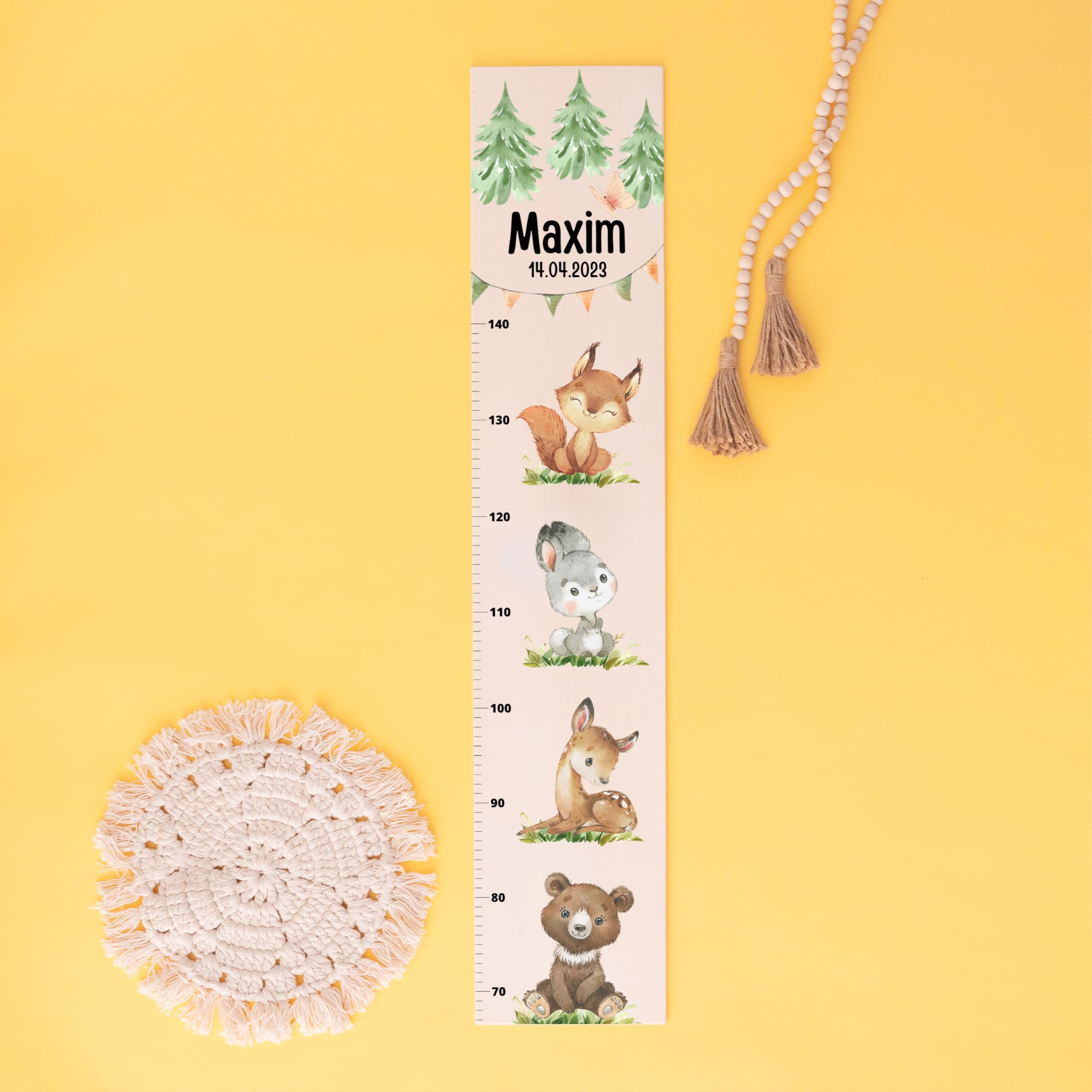 Bärenfreunde® - Personalisierte Messlatte Kind Holz zum Kleben oder Aufhängen - Skala 70-140cm - Süße Dekoration für Baby- & Kleinkinderzimmer (Kinder 70-140cm, Waldtiere übereinander)
