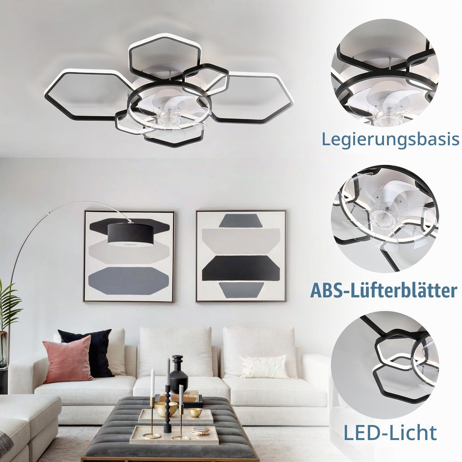 Groß Lampe Mit Ventilator LED Dimmbar Schlafzimmer Deckenventilator Mit Beleuchtung Fernbedienung Leise Reversibel Deckenleuchte Mit Ventilator Modern 6 Gang Smart Für Wohnzimmer, Küche-Schwarz