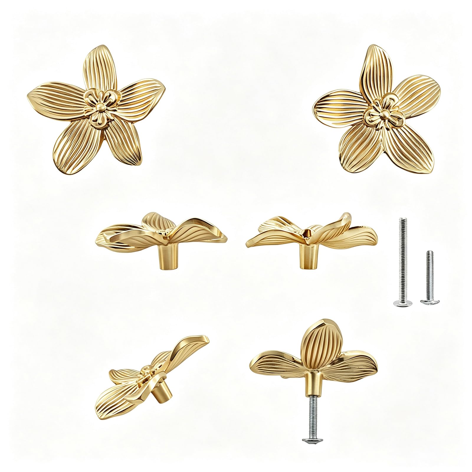 YEMCHI 6 Pack 2.4 Inch Gold Flower Drawer Knobs, Gold Decorative Floral Cabinet Pulls, Vintage Creative Petal Handles for Dresser Drawer, Unique Bathroom Vanity Furniture Hardware (6 Flower)