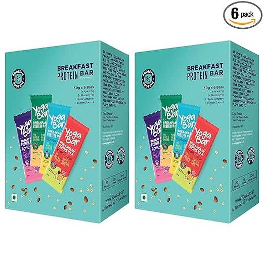 Yogabar Breakfast Protein Variety (1 x Almond Coconut, 2 x Apricot & Fig, 2 x Blueberry, 1 x Apple Cinnamon Bars - 300gm, 6 x 50 g (Box of 6 Bars)) x 2