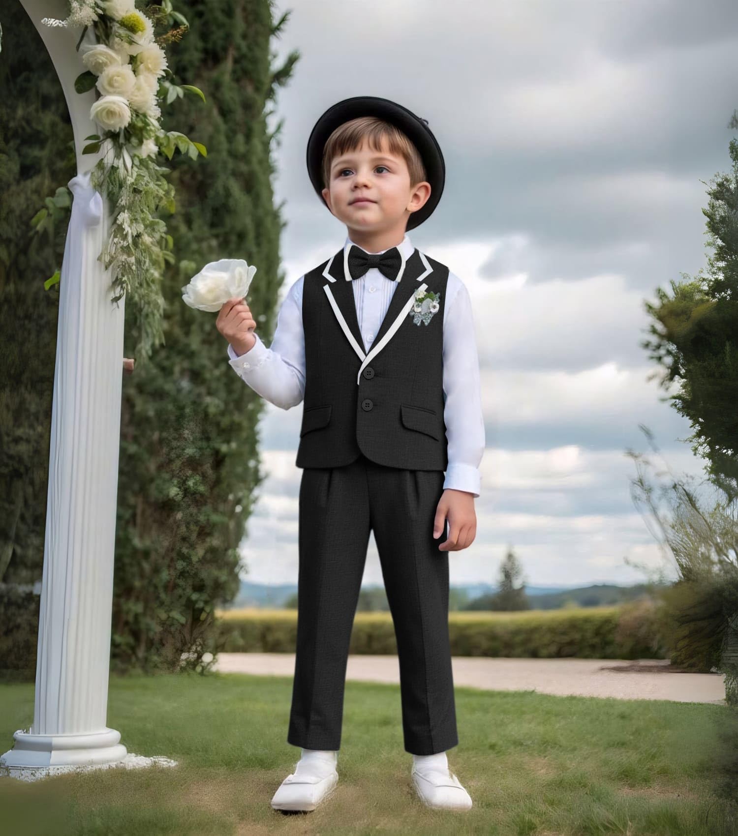 DOISPON Jungenanzug für Kinder, Smoking, schmale Passform, 5-teiliges Set, Hemd, Weste, Hose, Set für Teenager, Kleid, Kleidung, Hochzeits-Outfit mit Krawatte und Fliege