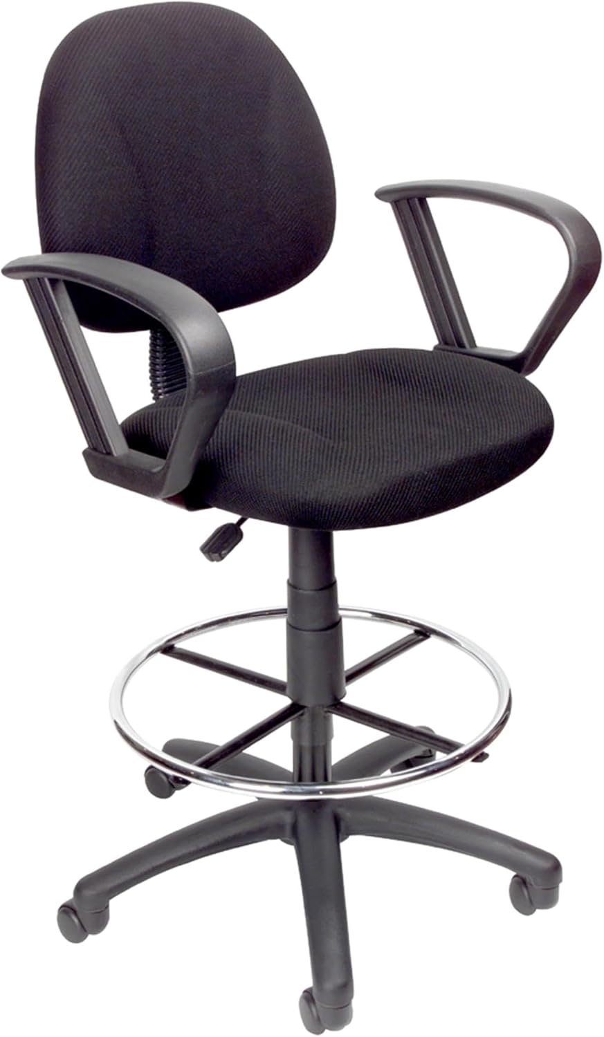 BOWERY HILL Contoured Comfort Drafting Stool, Adjustable Height 26.5"-31.5", Black Tweed Upholstery, Loop Arms, Chrome Footrest, Nylon Base with Casters, Ergonomic Office Chair for Drafting or Studio