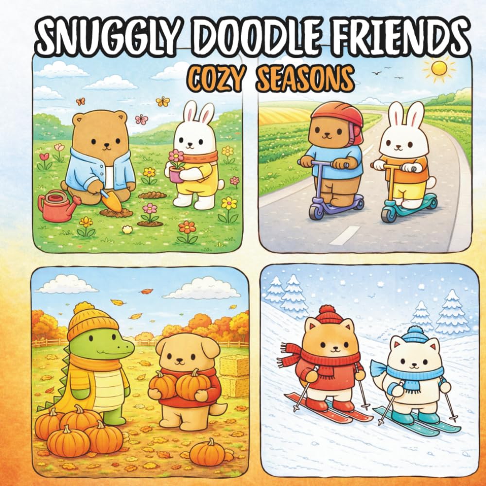 Snuggly Doodle Freinds Cozy Seasons: A Cute Seasonal Square-Shaped Animal Coloring Book with Bold and Easy Designs for Relaxation and Stress Relief for Adults and Teens