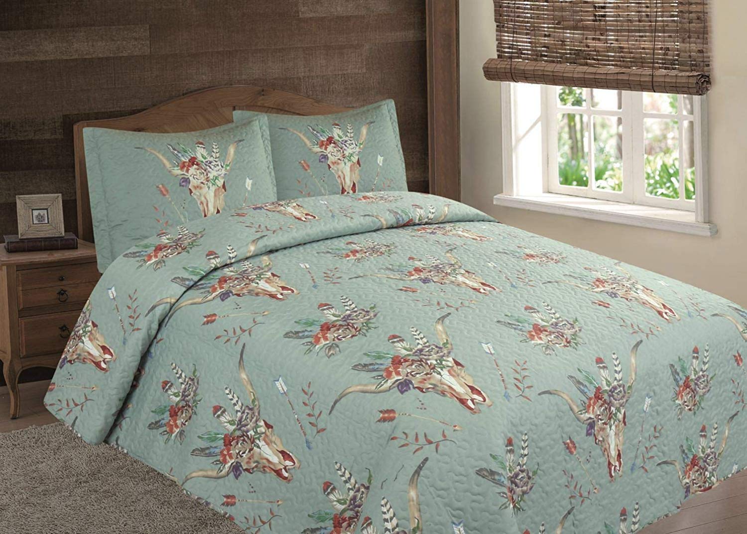 Floral Flowers Skull Steer Skeleton Quilt Rustic Western Bedspread Comforter Bedding - 3 Piece Set (Gray/Turquoise, Oversized King)