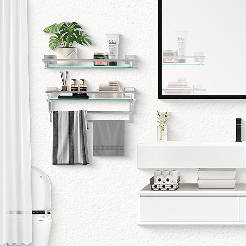 Miniatura 2 de LANC A7613BN - Estantería de vidrio templado flotante de níquel cepillado de 20 pulgadas, estantes rectangulares modernos de acero inoxidable para