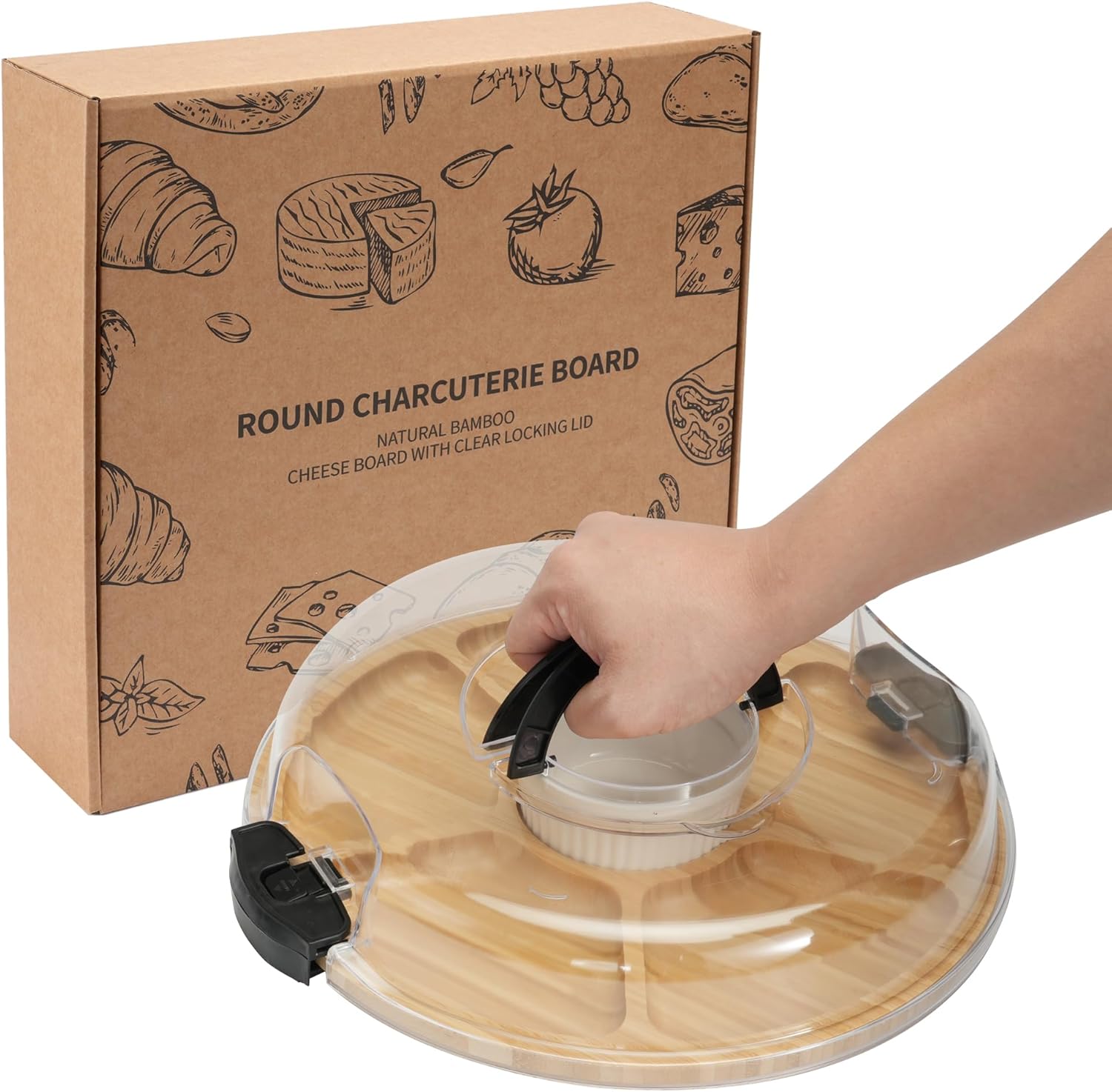 WILLKOMMEN Charcuterie Board with Lid- 6 Section Round Serving Tray with Carry Handle & Locking Lid, Portable Bamboo Serving Platter, Food Trays for Party Picnic Cheese Snack