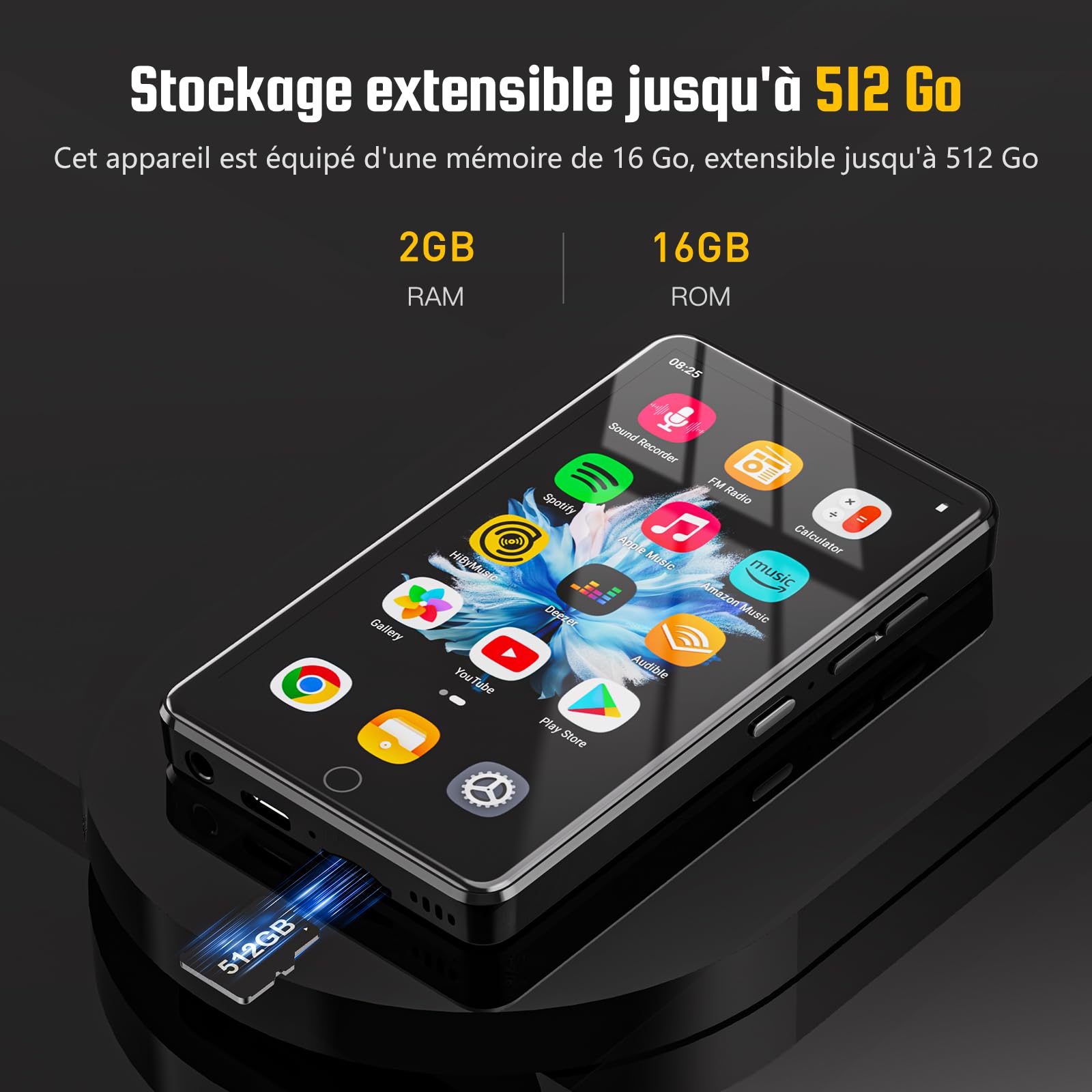 Lecteur MP3 avec WiFi et Bluetooth, écran Tactile 4.02" IPS HD, Lecteur MP4 avec Haut-parleurs, Lecteur de Musique Android Compatible avec Spotify, Deezer et Play Store