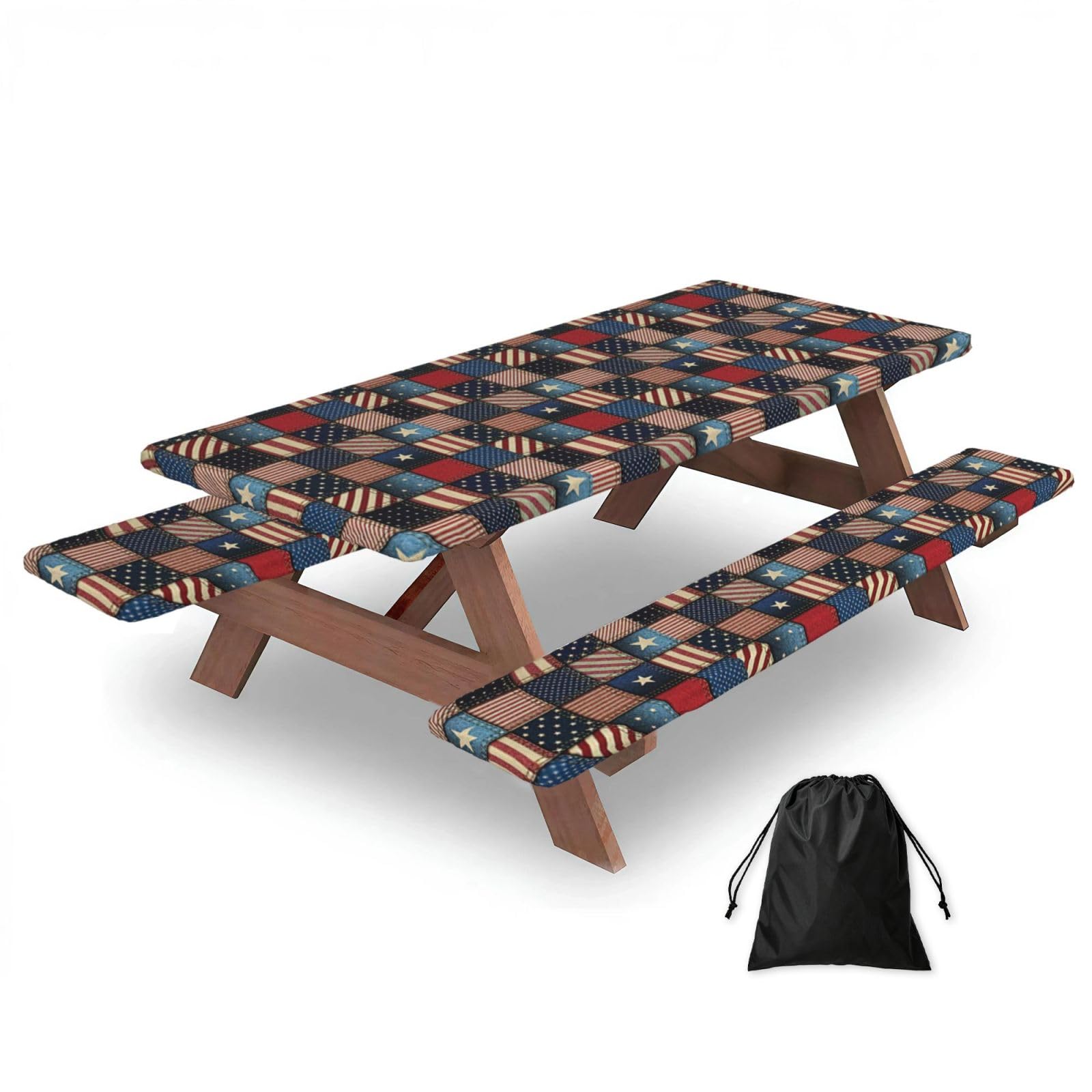 Zyjhyy Black American Flag Patchwork Print Party Table Covers With Bench Covers Set Of 3 Picnic Table Cloth Wipe Clean For Garden Camping