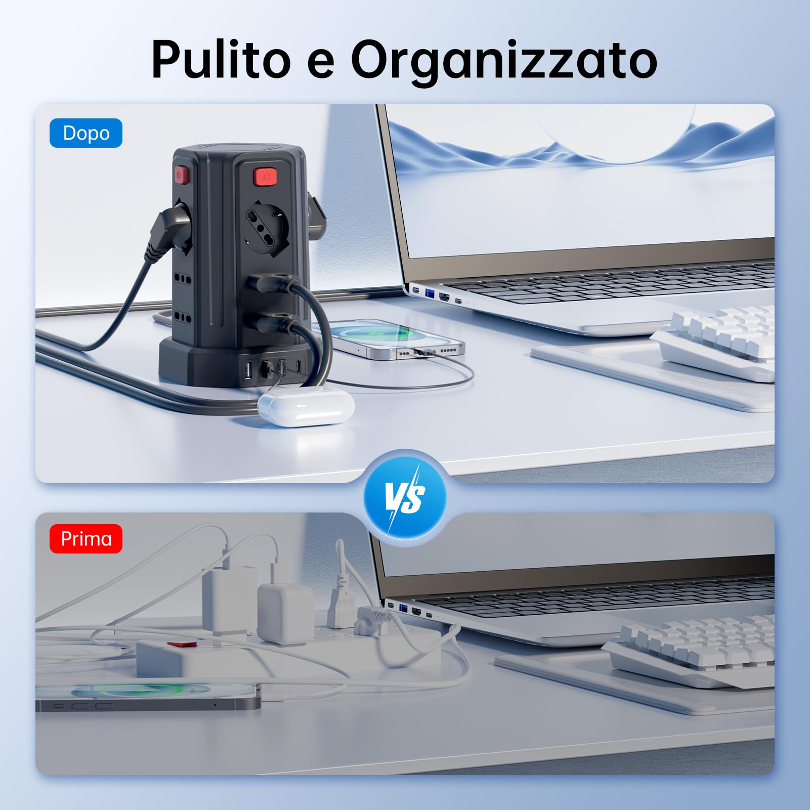 5 mètres multiprise électrique avec 12 prises universelles 10/16A ITA et Schuko et 3 USB A+1 USB C protection Surtension avec 4 interrupteurs indépendants, noir