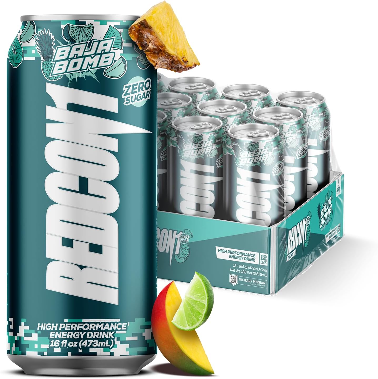 REDCON1 Energy High Performance Drink, Baja Bomb - Zero Sugar Energy Drink with Alpha GPC Nootropic - 200mg of Natural Caffeine from Green Coffee Beans - Vitamin B6, B12 & B5 to Boost Mood (12 ct)