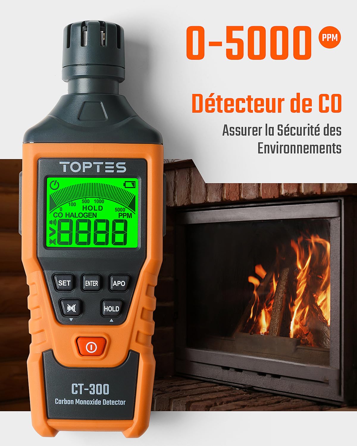 TopTes CT-300 Détecteur Monoxyde de Carbone Portable, Détecteur CO+Alarme Sonore et Visuelle, 0-5000PPM, Alarme CO, Écran LCD Rétroéclairé, pour Maison, Voiture, Camping, Voyage (3 Piles)-Orange