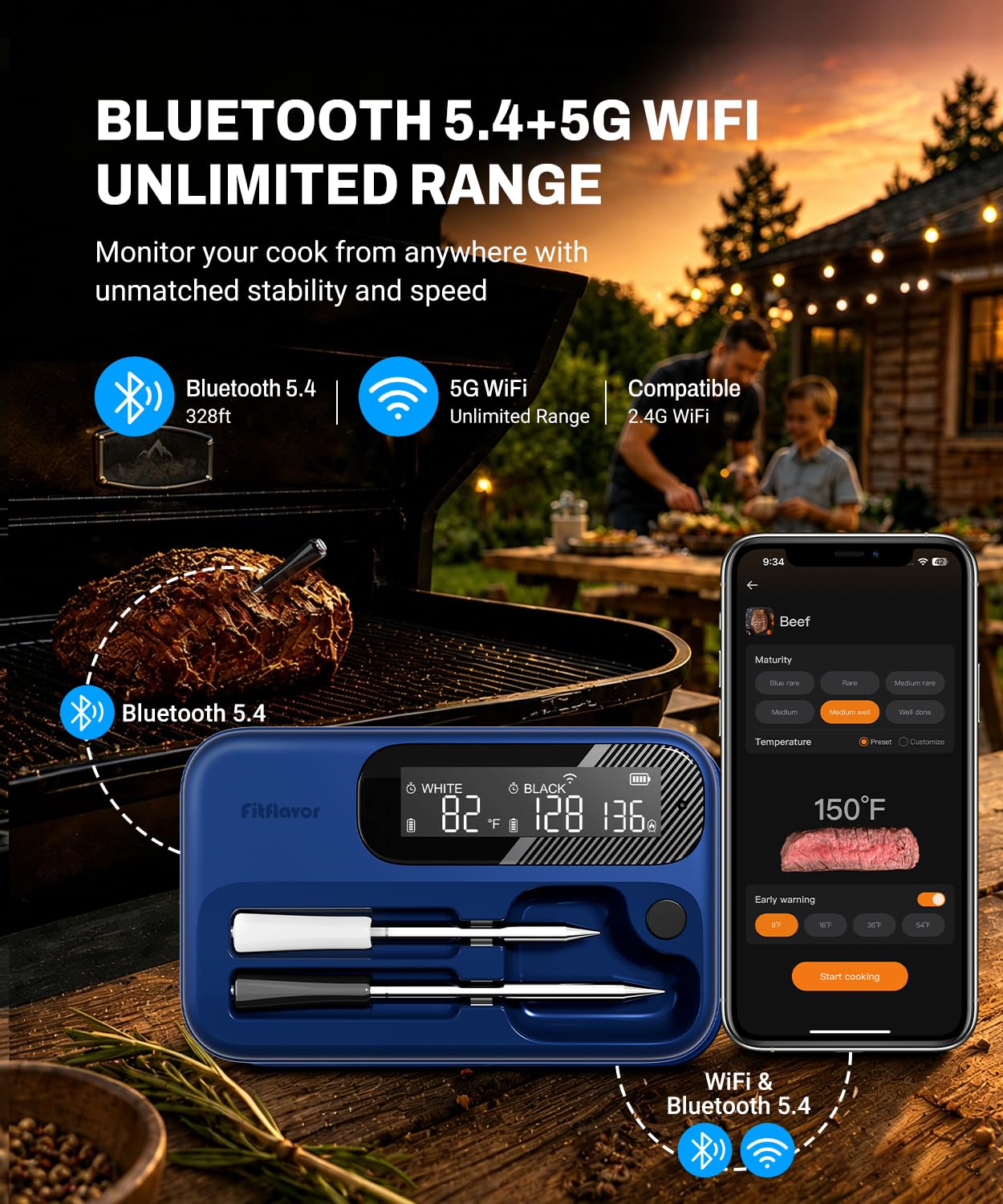 Drahtloses Fleischthermometer mit 2 Sonden, Bluetooth 5.4 & 5G WiFi Smart Fleischthermometer, Unbegrenzte Reichweite App gesteuertes BBQ Grillthermometer, LCD Display, IP67 Wasserdicht für Smoker Ofen