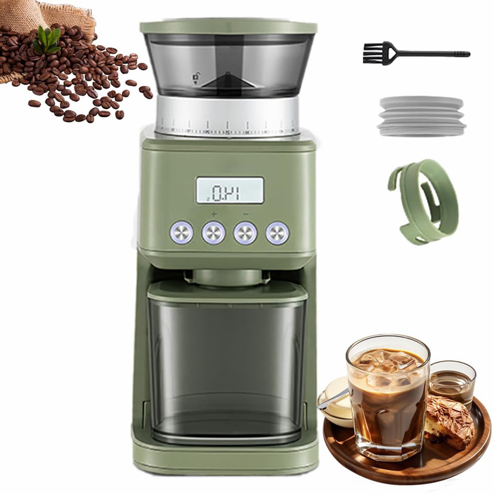 MłYnek Do Kawy Elektryczny - 60S Regulowany Czas Mielenia, 51 Precyzyjnych Ustawień Mielenia, DużA Pojemność 80G, MłYnek Do Kawy Ze Stali Nierdzewnej, Do Espresso, Kawy Przelewowej,Green