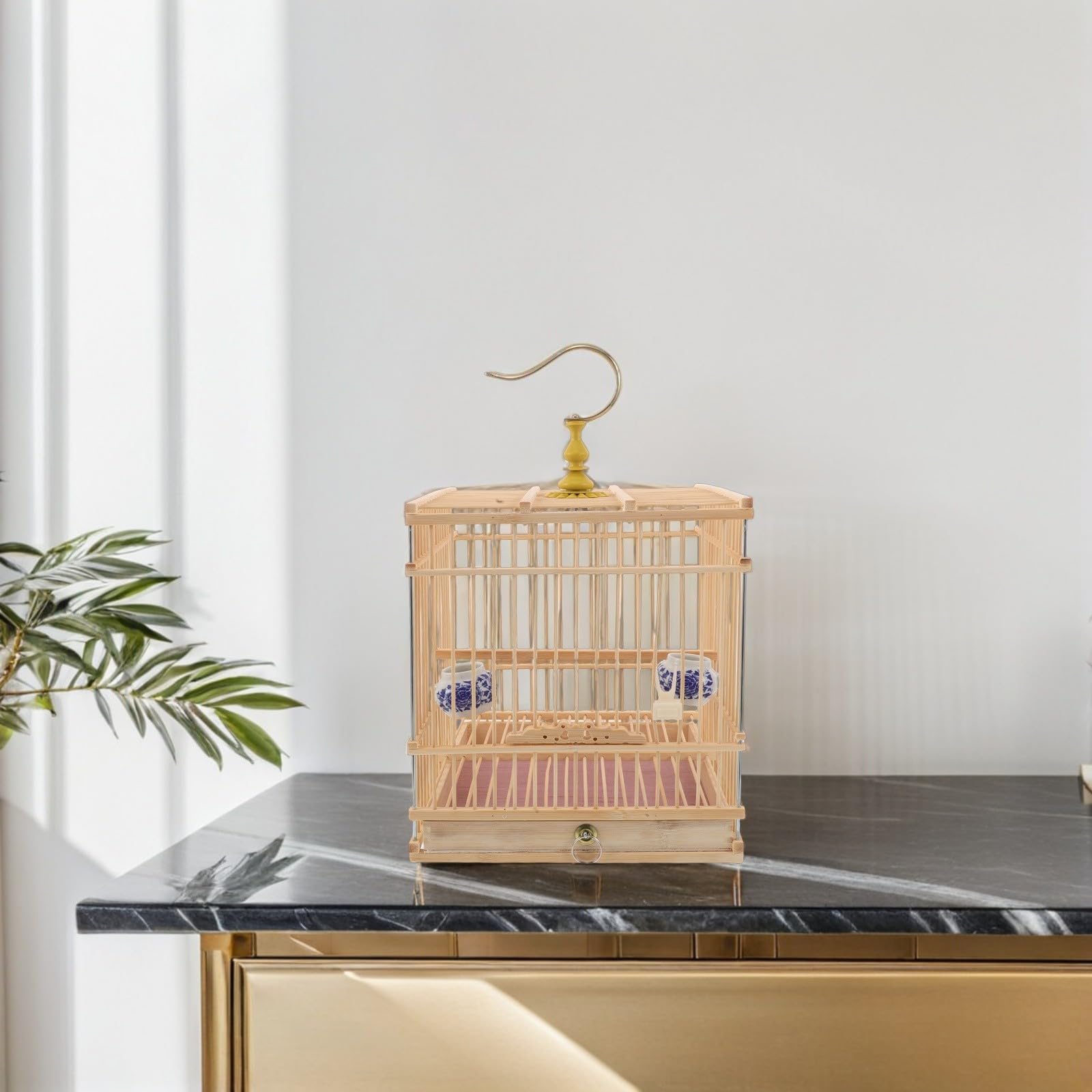 STOBAZA Jaula para Periquitos y Pájaros Pequeños Rectangular con Diseño Vintage Elegante, Cierre Fácil de Usar, Hábitat Natural en Bambú y Metal, Adecuado para Interiores y Balcones