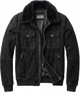 Mens Genuine Sheepskin Suede Leather Shearling Fur Collar Aviator Bomber Jacket Winter Warm Flight Coat