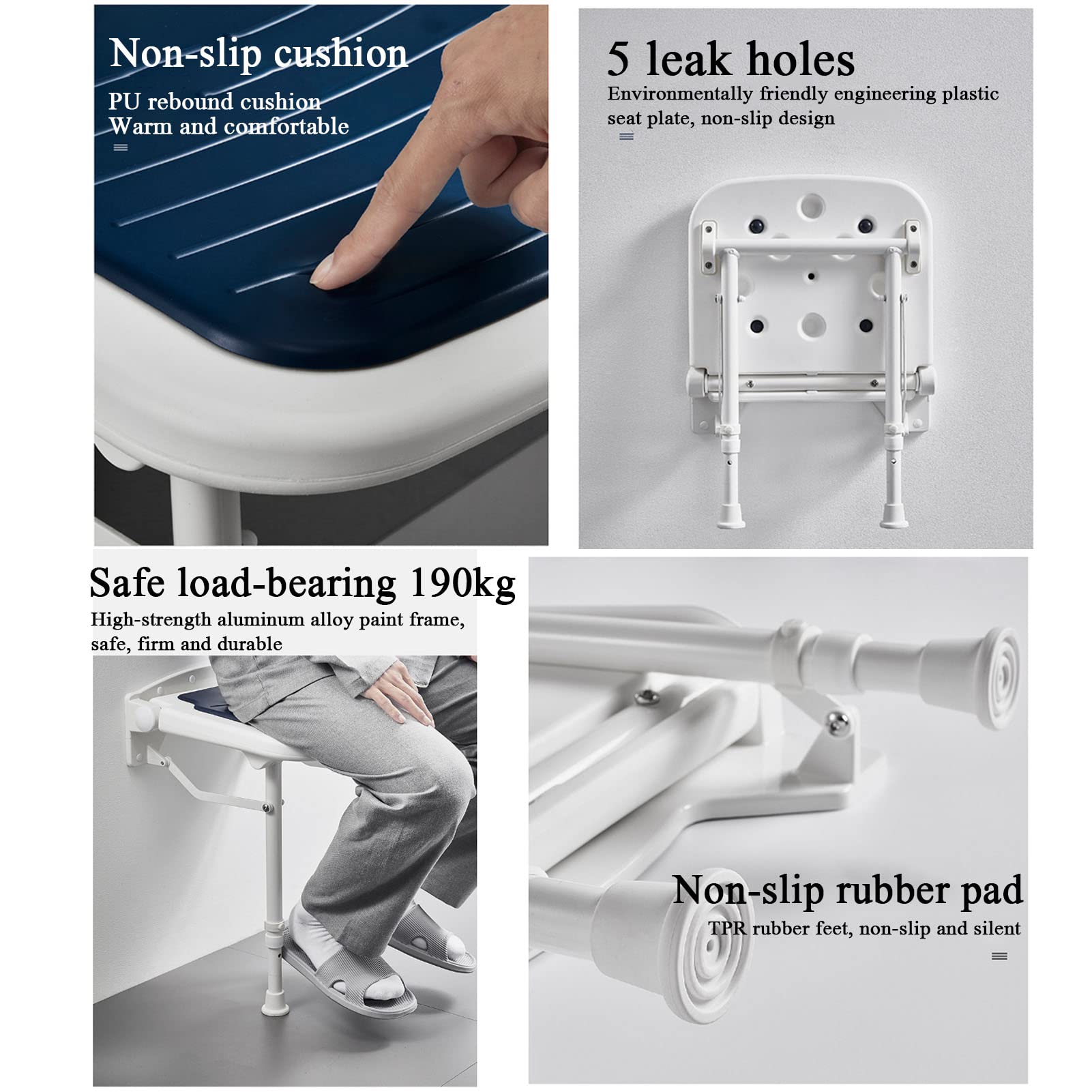Asiento de Ducha Abatible con Patas, Asiento de Ducha Abatible Taburete de Seguridad para Bañera de Baño con Patas/Gray