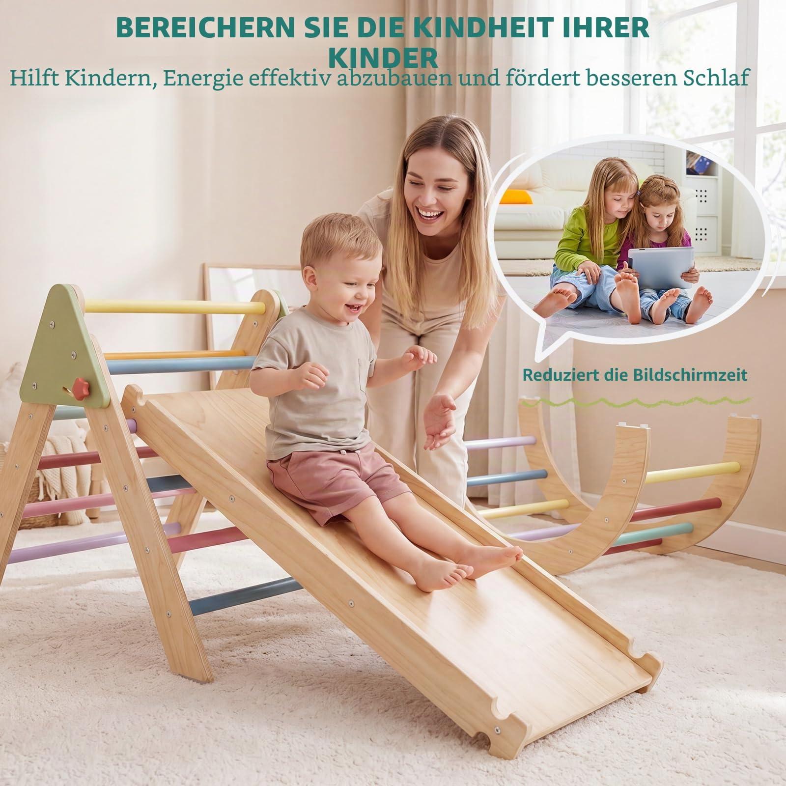 Montessori Klettergerüst Indoor Set, 7-in-1 Holz Kletterspielzeug, Faltbares Pikler-Dreieck-Set mit Rutsche, Leiter & Spielbogen, Indoor Spielgerät für Babys & Kinder 1-3 Jahre - Regenbogen