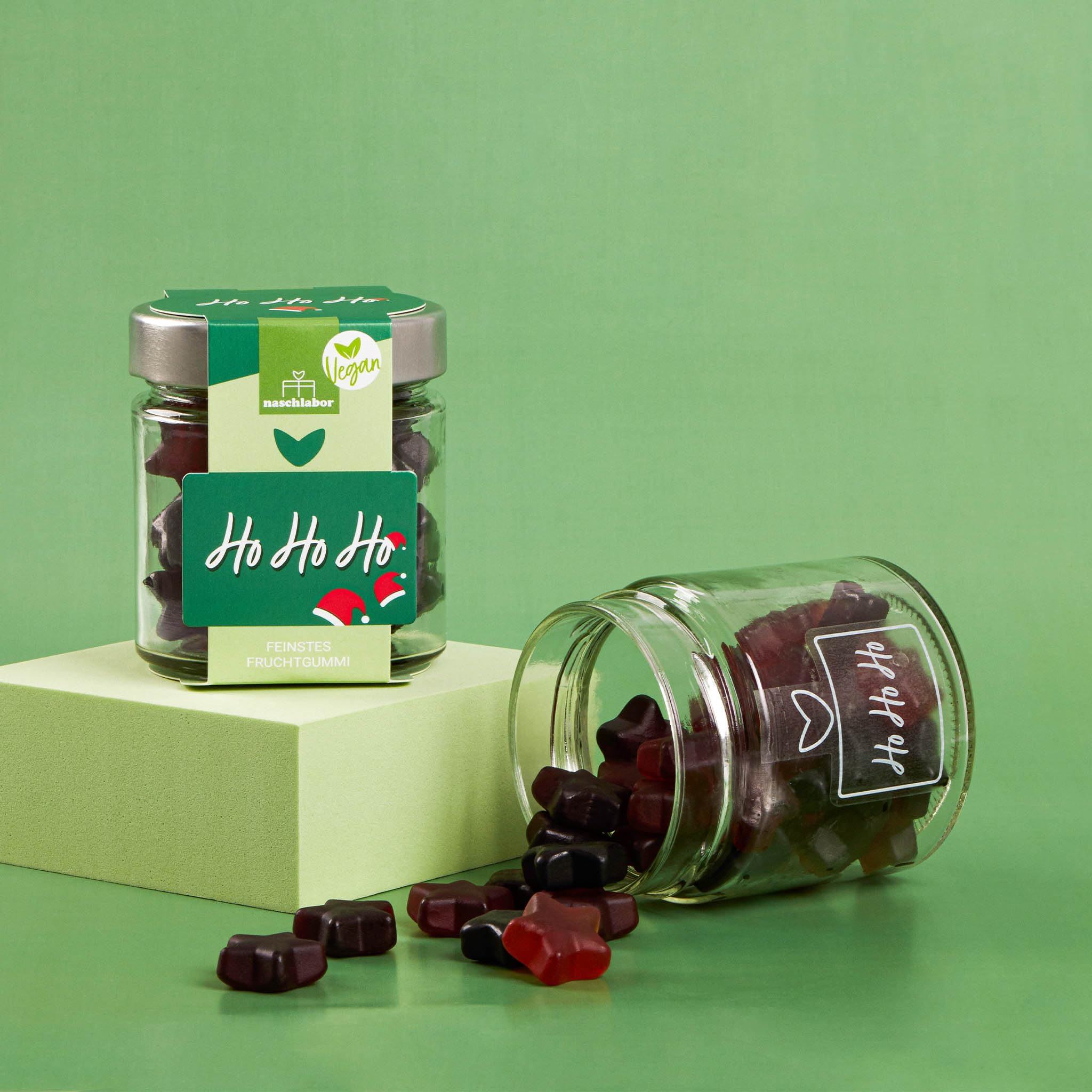Vegan Ho Ho Ho Fruchtgummi in Geschenkglas 120g | Veganes Geschenk für Familie, Freunde und Kollegen | 20% sortenreiner Fruchtsaft | Mitbringsel Geschenk für Weihnachten und Nikolaus