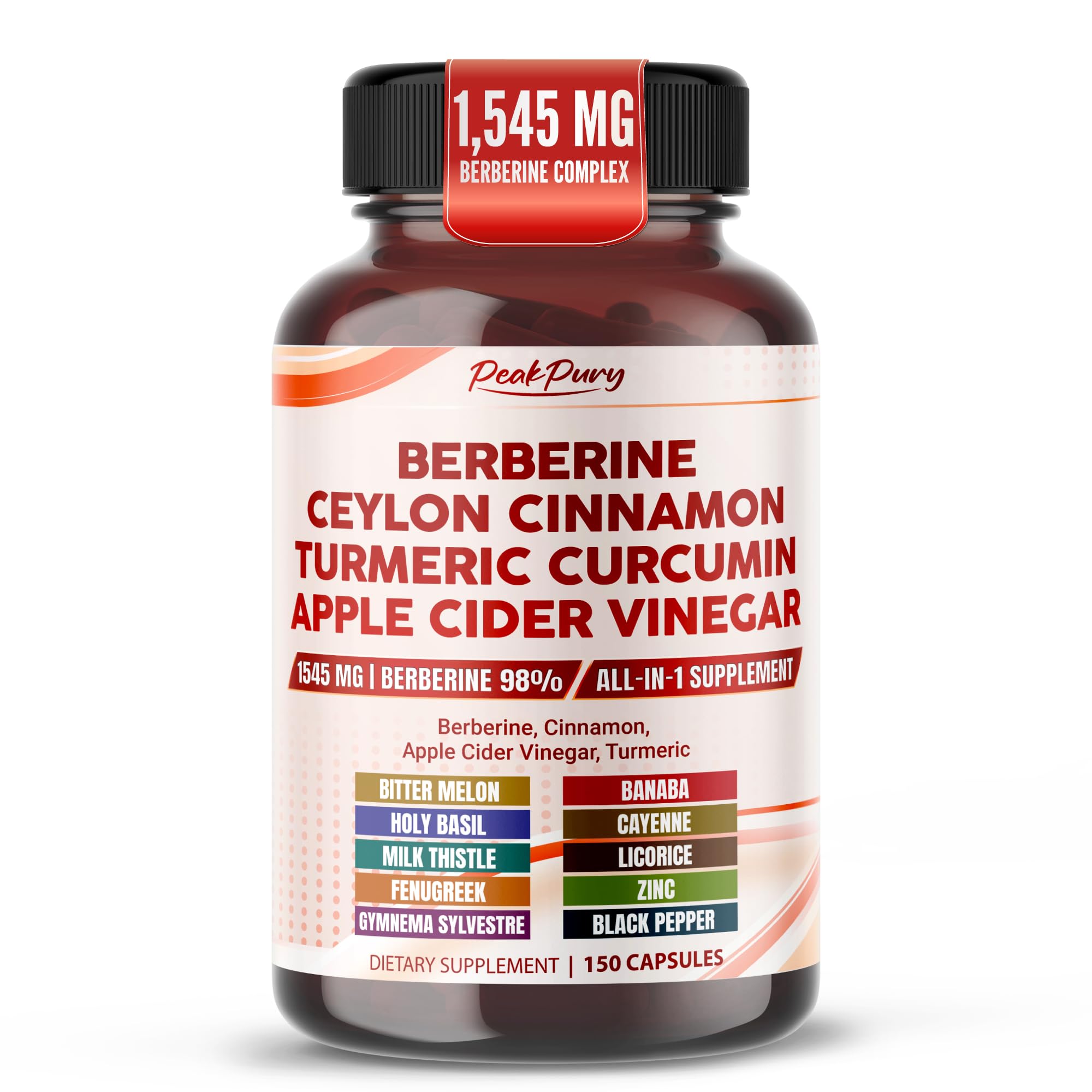 Advanced Berberine HCl 1545mg with Ceylon Cinnamon, 150 Capsules