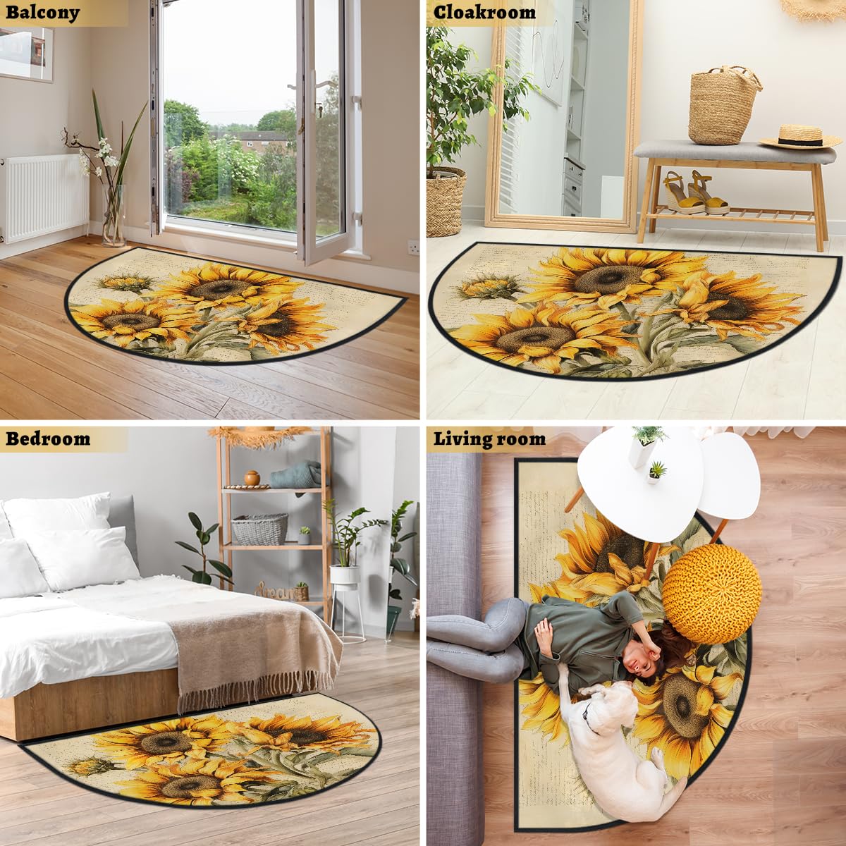 Mexpekil Paillasson rétro en forme de demi-lune pour intérieur et extérieur - Lavable - Absorbant la saleté - Demi-rond - Motif tournesols - 100 x 160 cm