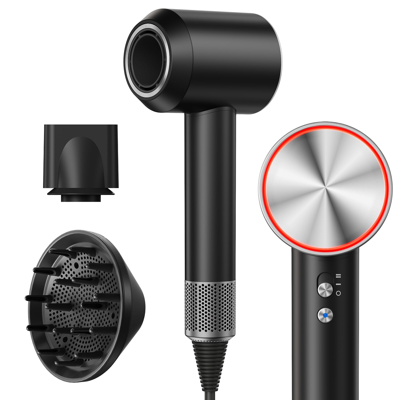 Ionen Haartrockner Föhn, 22m/s, 3 Min Schnell Trocknen, 500M Ionen gegen Frizz, 6 Modi, 3-Farben LED, 1600W, 2 Magnetdüsen(Styling& Diffusor) für Locken&Glätten, Zuhause und Unterwegs, 360g Schwarz