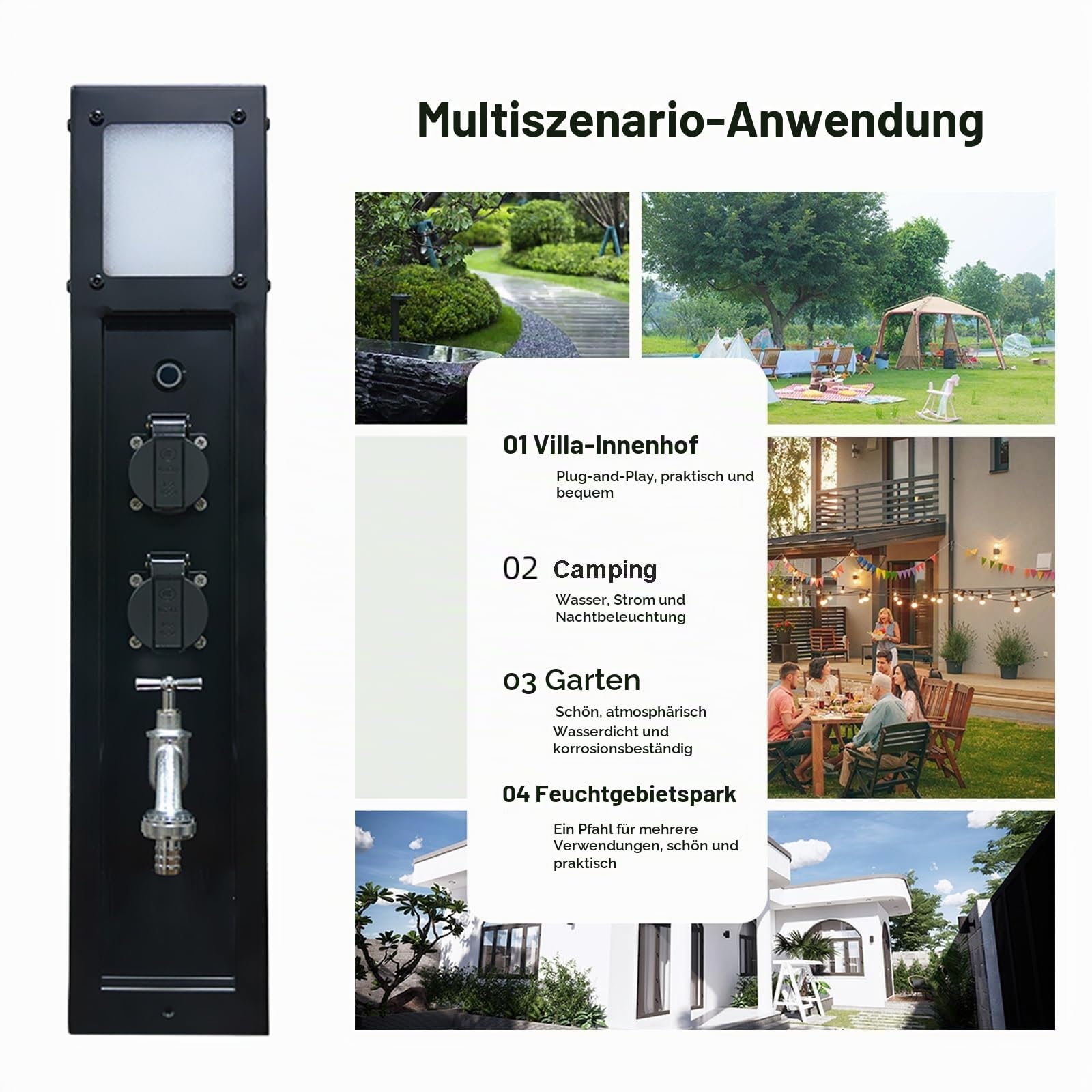 Intelligente Wassersäule für den Außenbereich, Multifunktionaler Wasserhahnpfosten mit Steckdose und Beleuchtung, Hydranten-Wasser- und Stromsäule