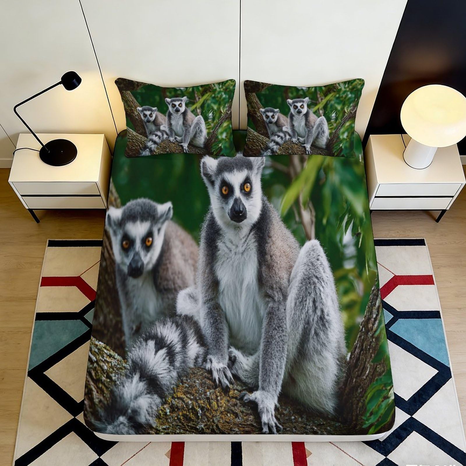3D Printed Lemur Jungle Fitted Sheet Microfiber Soft Anti-Slip Mattress Cover Bedroom Decor Machine Washable 90x200x25cm