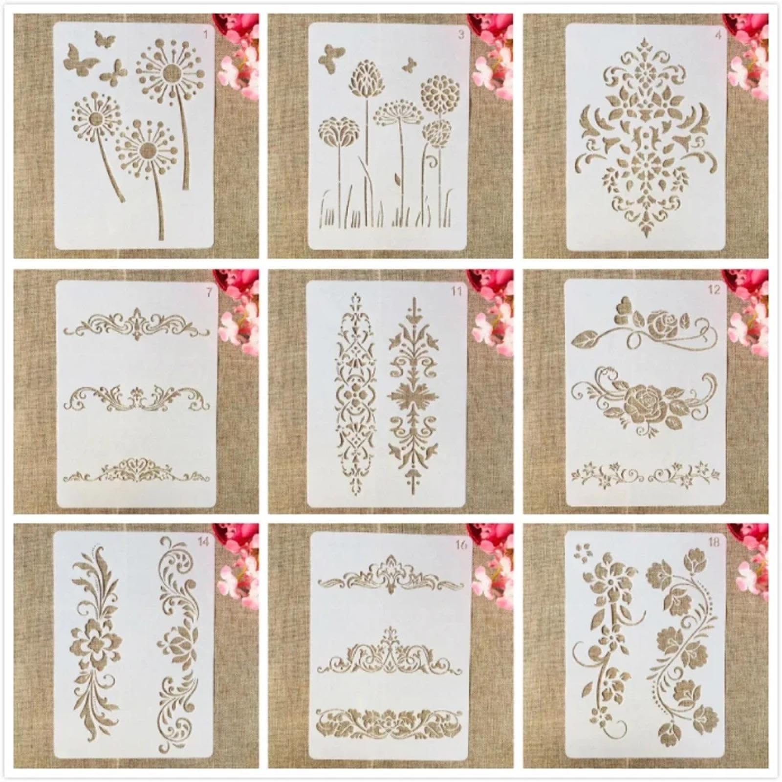 9 stencil A4, 29 x 21 cm, con simboli di fiori e foglie, per progetti artigianali, stencil per pittura su legno, parete, tessuto, roccia, lavagna