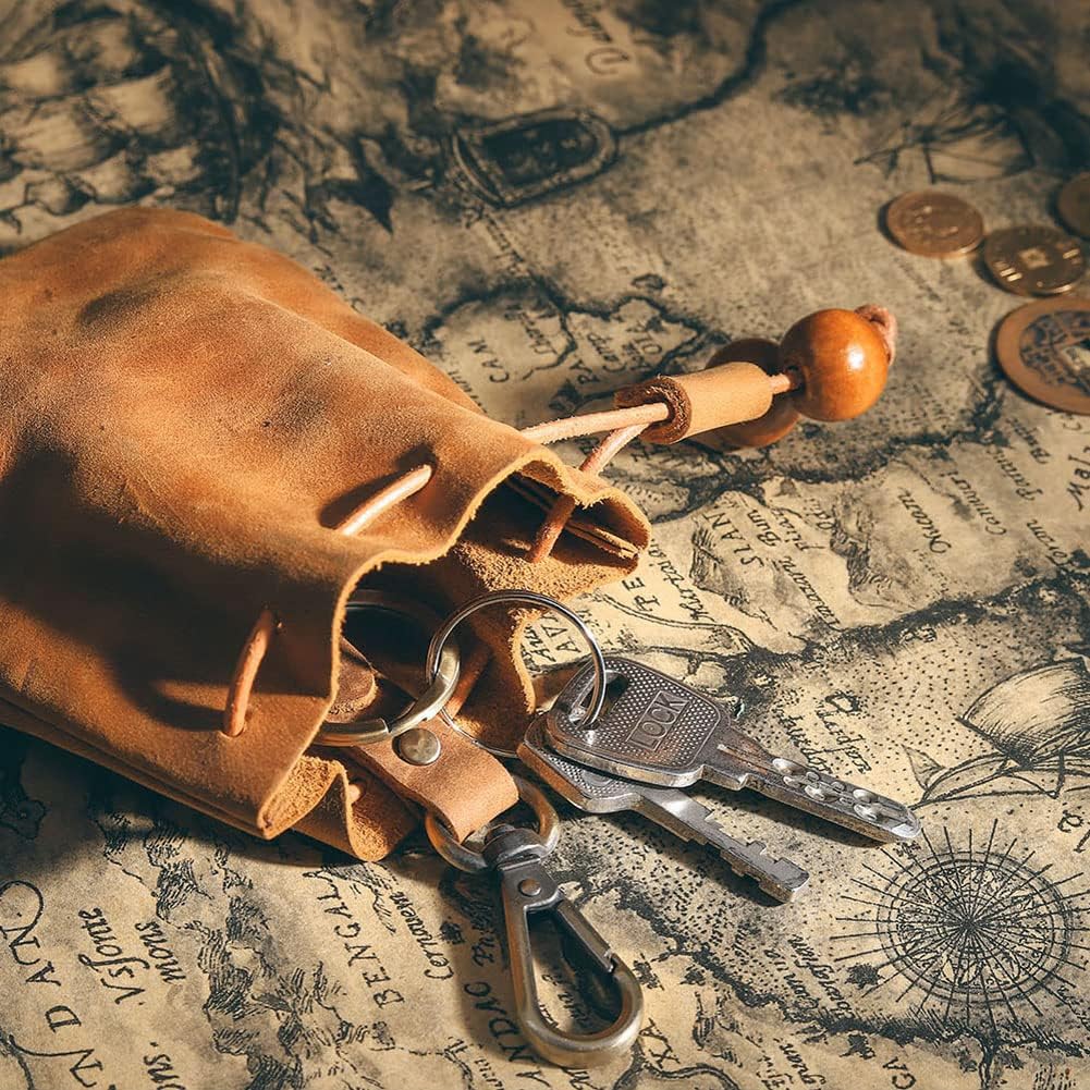 1 Pcs Leather Mini Medieval Pouch Keychain, Coin Organizer, Change Holder, Leather Drawstring Pouch for Men & Women - Image 8