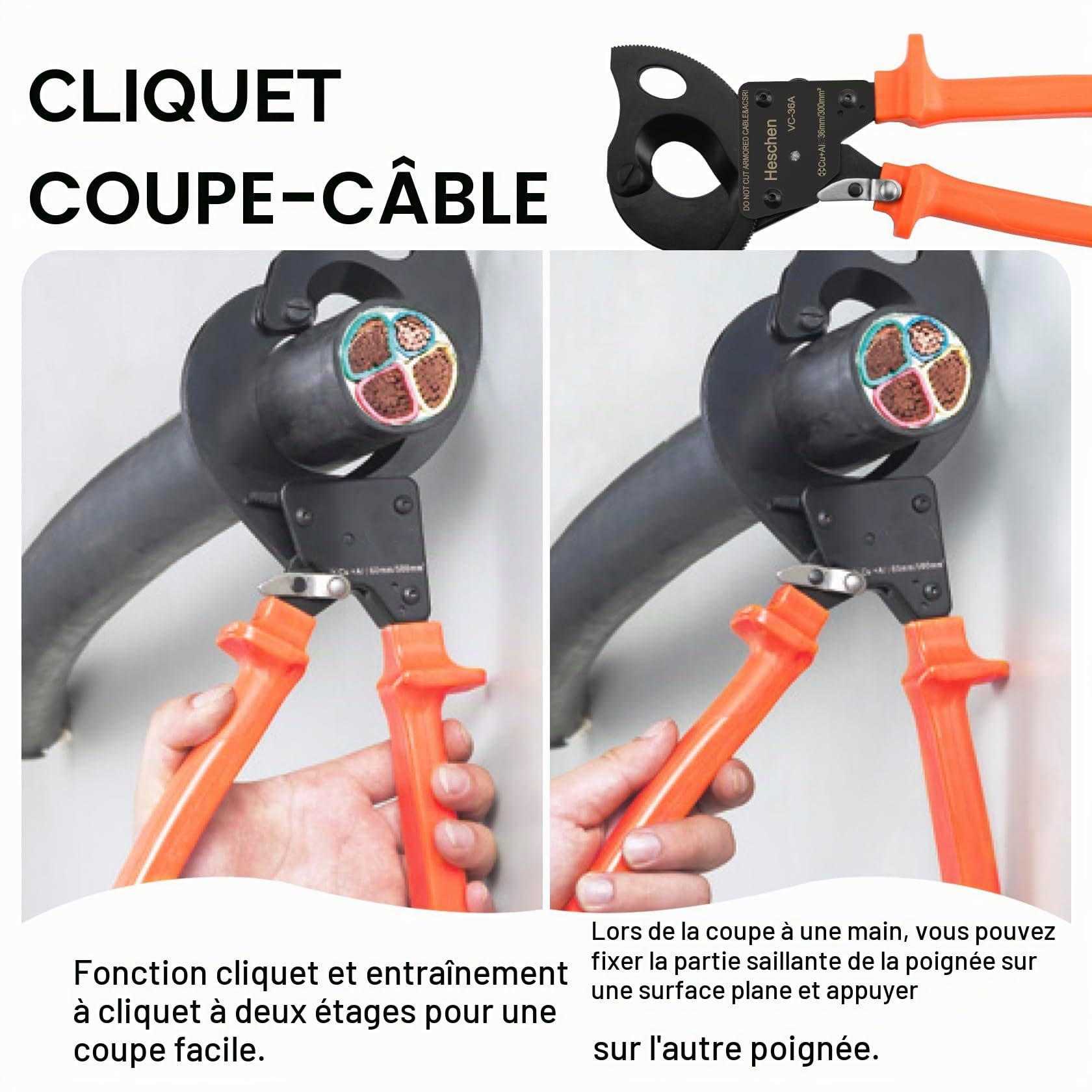 Heschen cliquet coupe-câble VC-36A utiliser pour 36mm / 300mm² pince à dénuder pince à main outil de sertissage