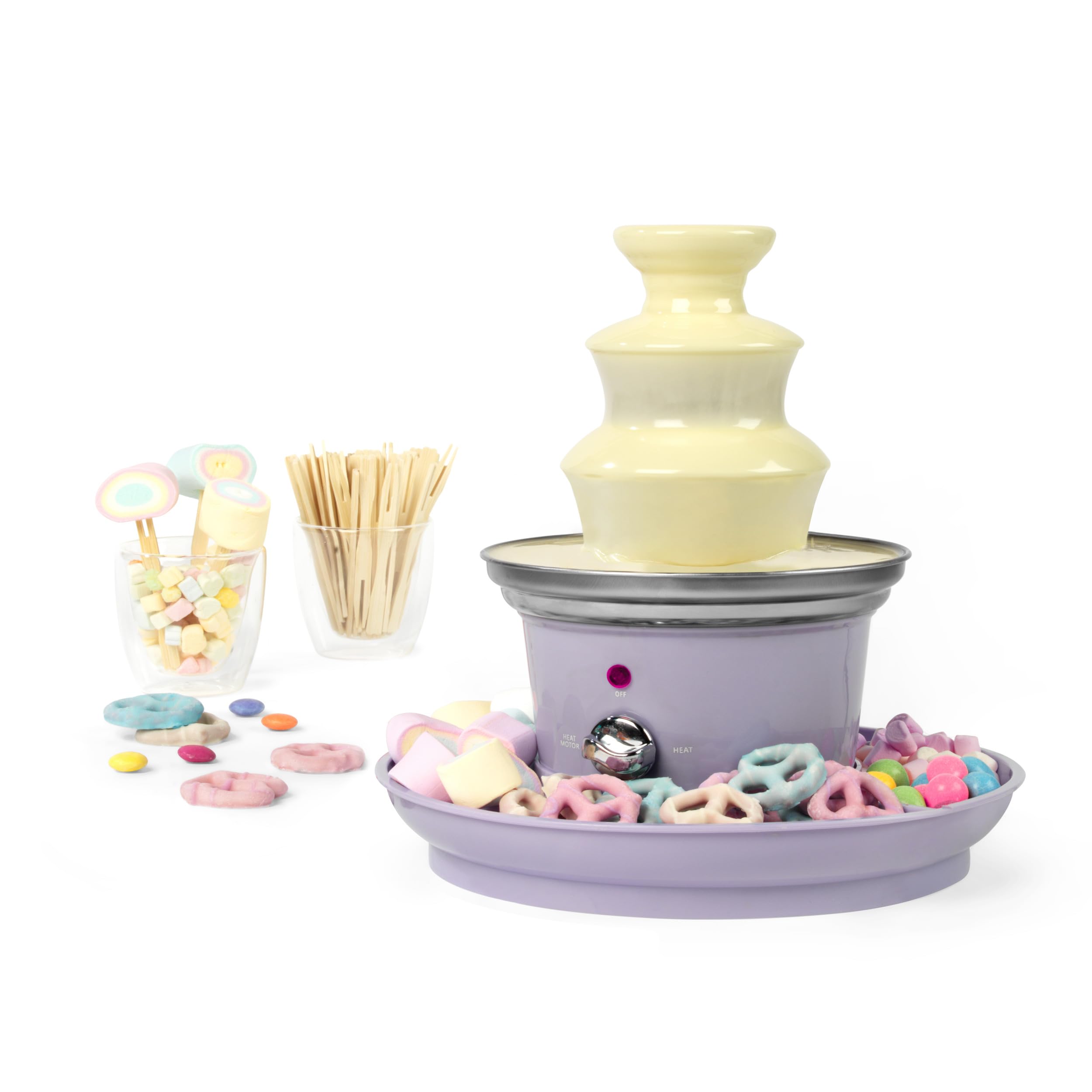 Petra PT3428PPVDEEU7 Schokoladenbrunnen 3 Etagen - Kaskadendesign, einfache Reinigung, Dip & Share Schokofontäne, umfasst 2 Obst/Snacks Tabletts & 100 Bambusspieße, Schokoladenfondue, 70–90 W, violett
