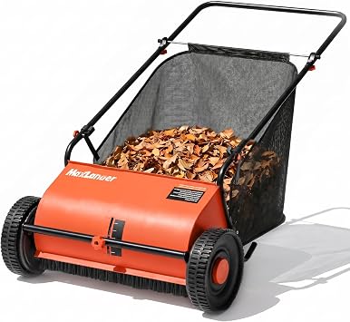 26" Lawn Sweeper for Leaves & Grass, Push Behind Yard Cleaner with 7 Cu.Ft. Hopper Bag, Adjustable Height Brushes & Smooth Rolling Rubber Wheels Grass Catchers