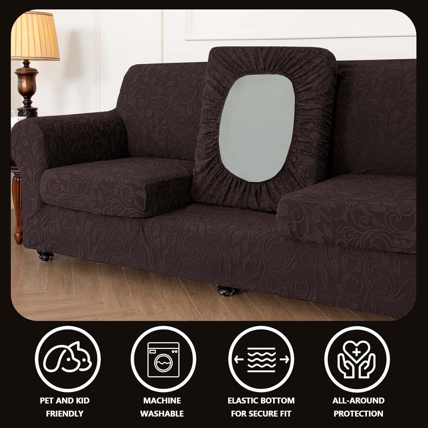 Stretch Chair Couch Cover,2 Piece Armchair Cover Spandex Jacquard Fabric Sofa Covers with Elastic Bottom,Washable Furniture Protector for Dogs,Cats,Kids (Chocolate)