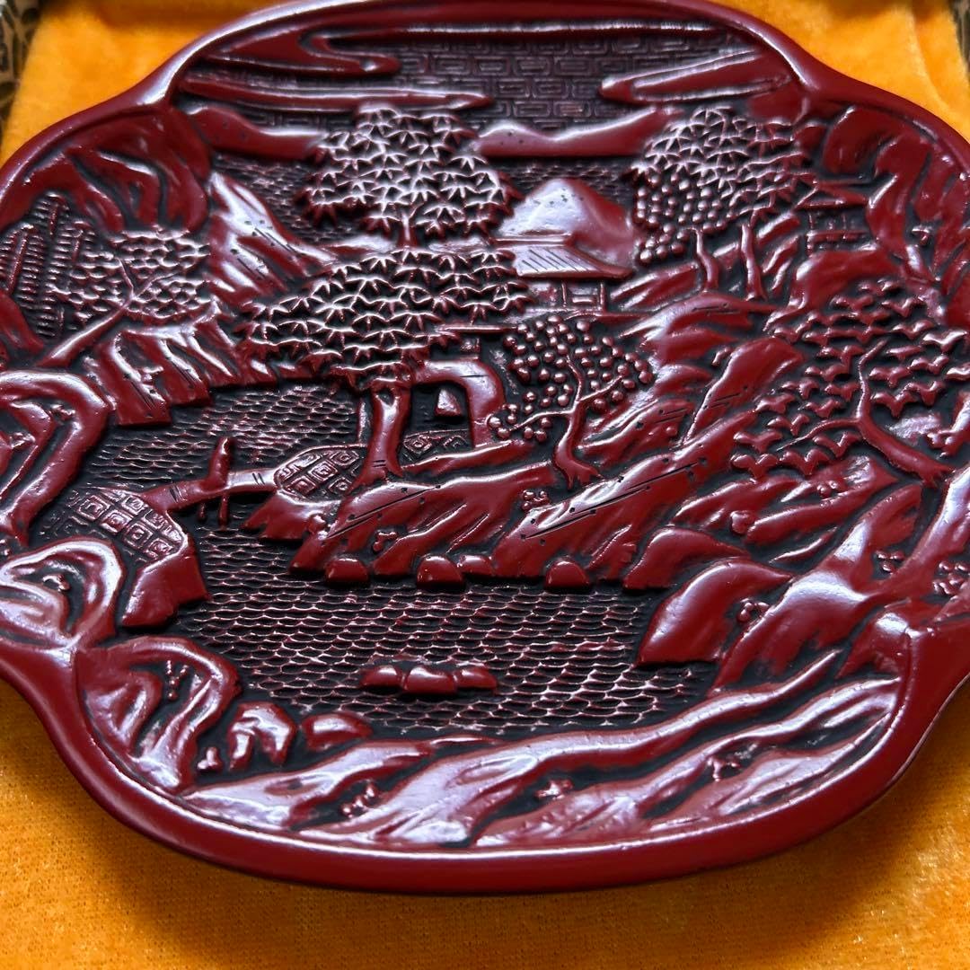 中国　堆朱　山水楼閣彫　針木盆　輪花盆　時代箱付　F　R8632 中国 堆朱 山水楼閣彫 針木盆 輪花盆 時代箱付 中国 堆朱 山水