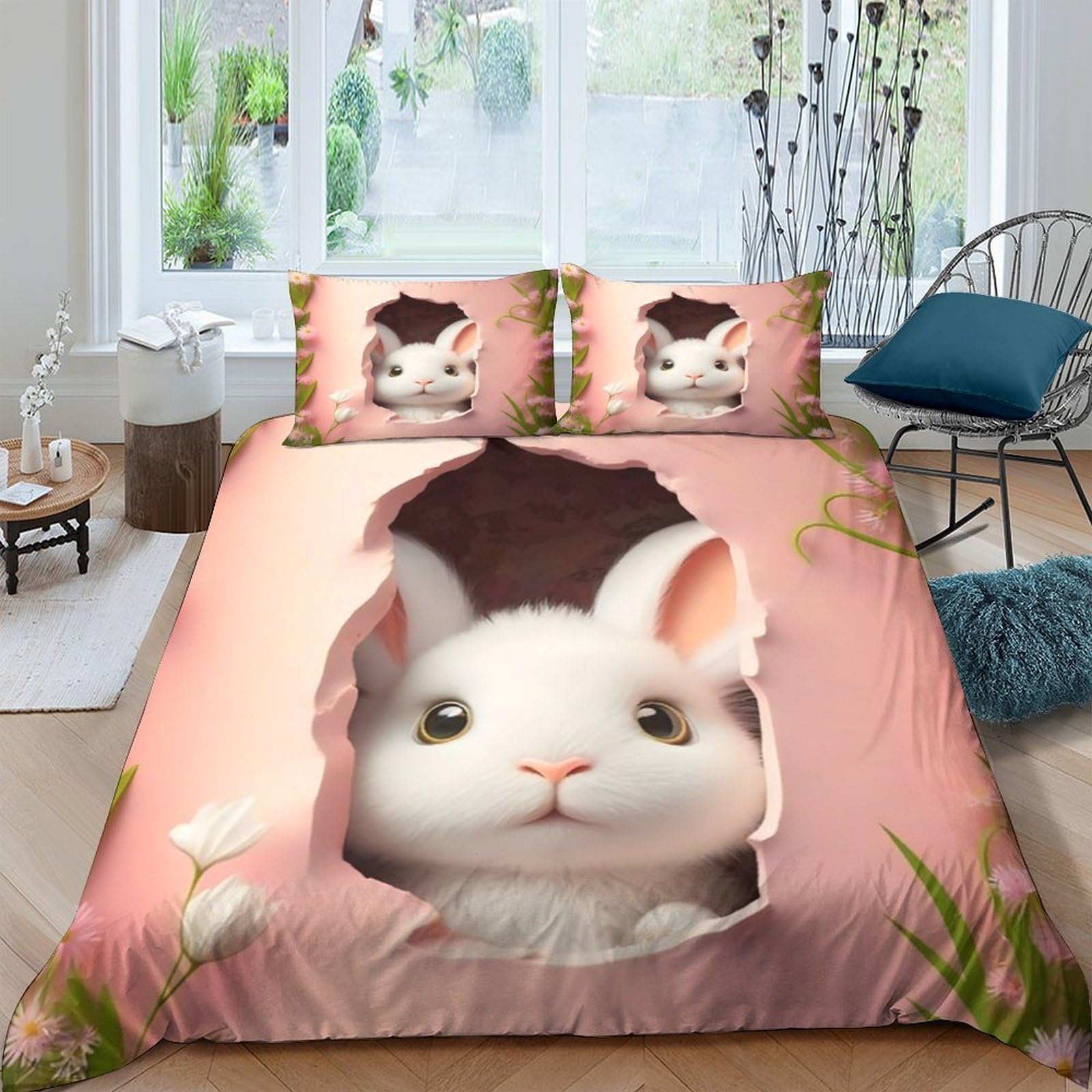 Ctjqhvkz Style-9 3D Printed Cute Bunny Fitted Sheet Pink Microfiber Soft Breathable Rabbit Hole Mattress Cover For Bedroom Guest Room Decor Single（135X200cm）