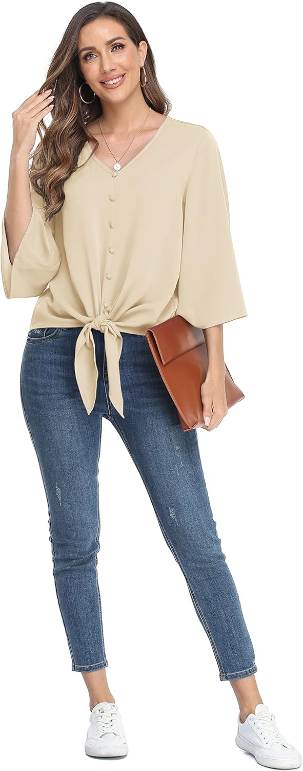 VIISHOW Women's Button V Neck Chiffon Tops 3/4 Bell Sleeve Tie Knot Casual Blouses Loose Summer Shirts - Image 3