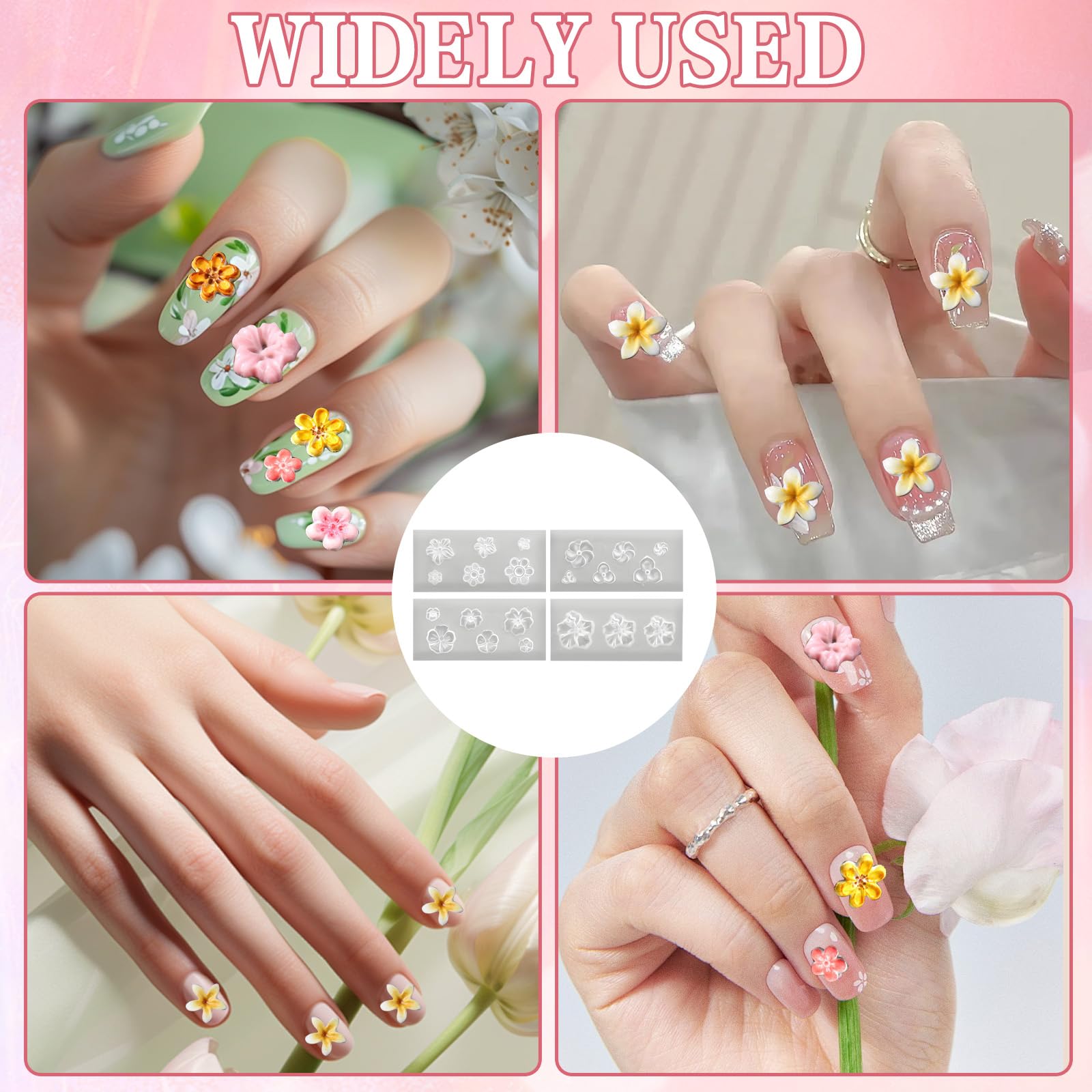 4 stampi in silicone per unghie a forma di fiore, stampi per nail art in gel 3D, stencil floreali, strumenti di design fai da te, accessori per manicure e decorazioni