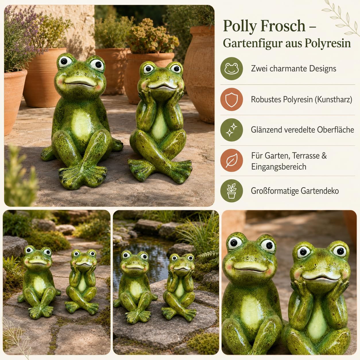 Polly Frosch Gartenfigur aus Polyresin – große lustige Dekofigur für Garten Terrasse und Eingangsbereich (40 cm)