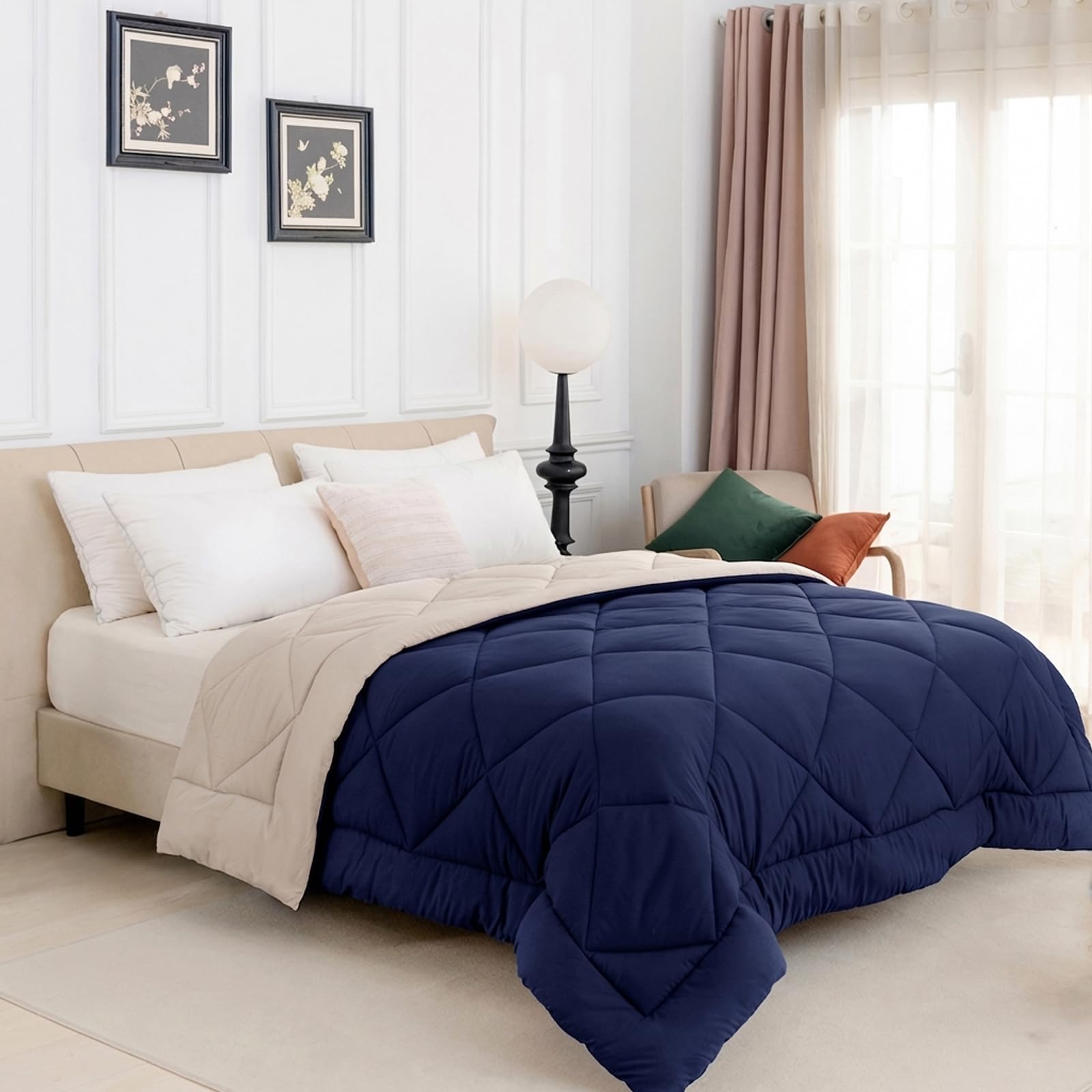 Good Nite 10.5 Tog King Coverless Duvet 230×220cm, Reversible Colour Block Quilt with Corner Tabs, Machine Washable All Season Bedding, Navy Blue & Beige