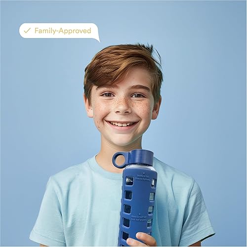 Miniatura 6 de Botella de agua Purifyou de cristal de 322212 onzas, con marcador de tiempo y funda gruesa de silicona, tamaño grande de 1 litro o tamaño para niño