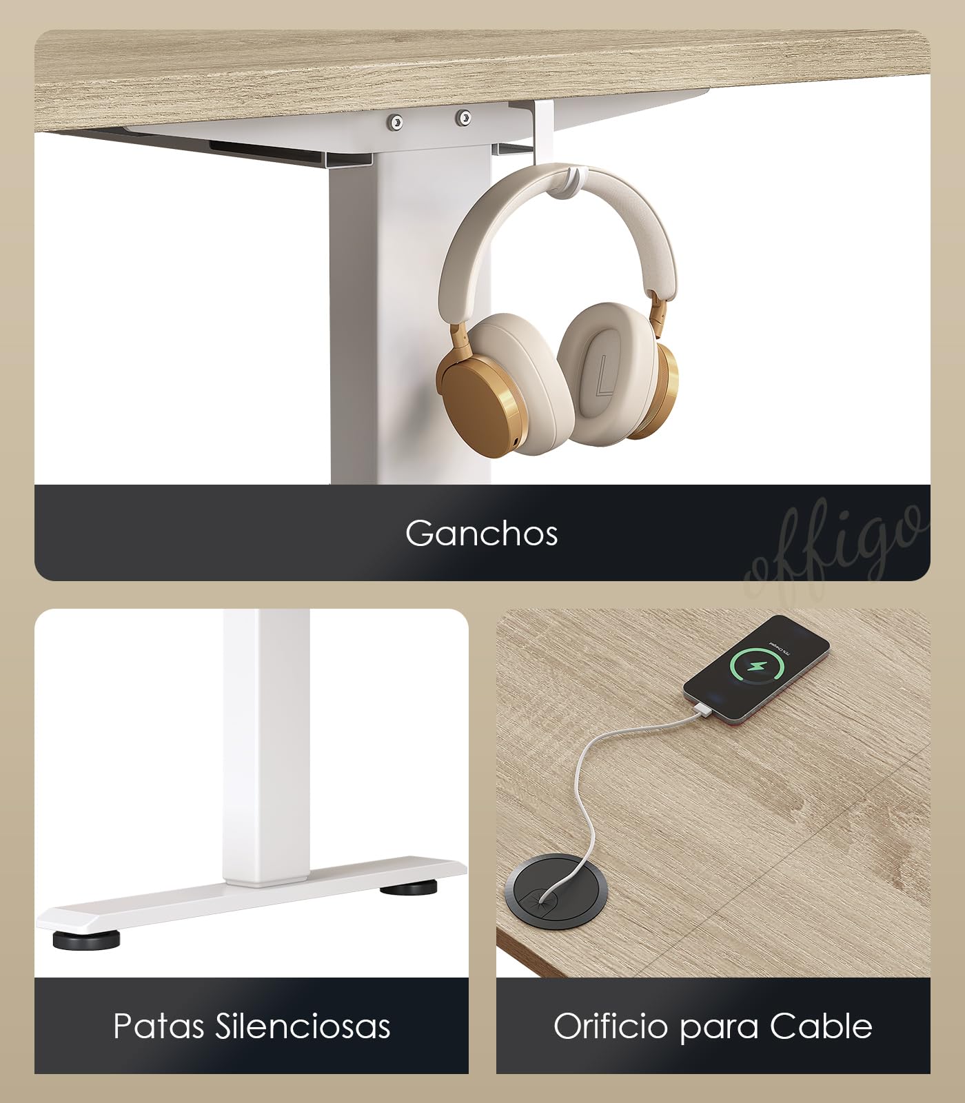 OffiGo Escritorio Elevable, 160x80cm Mesa Elevable Escritorio con Enchufes y Carga USB, Mesa Regulable Altura con 2 Memorias, Standing Desk para Oficina, Casa, Juegos, Beige