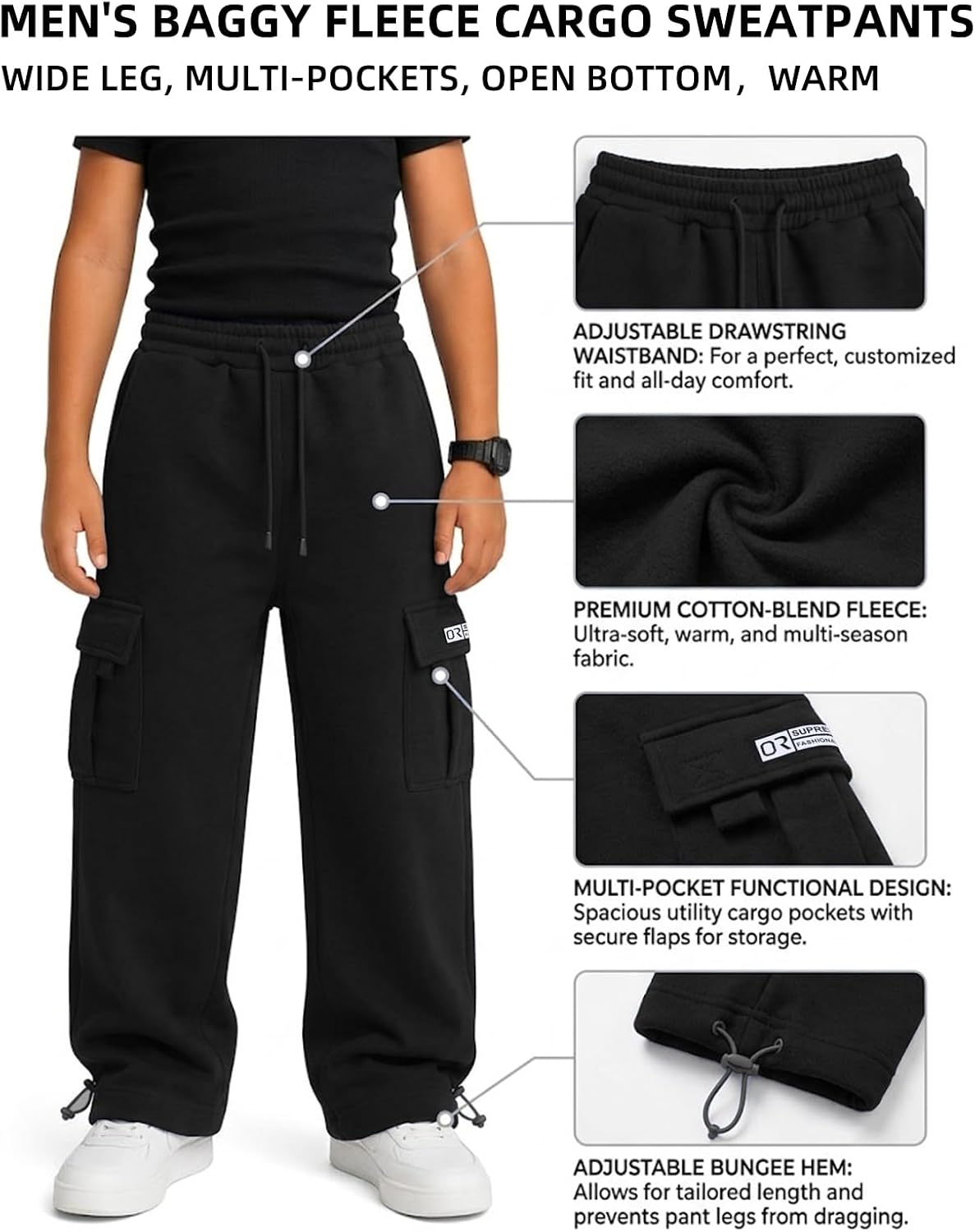 Men's Baggy Fleece Cargo Sweatpants Loose Casual Jogger Pants Open Bottom Sweatpants for Athletic Workout with Pockets