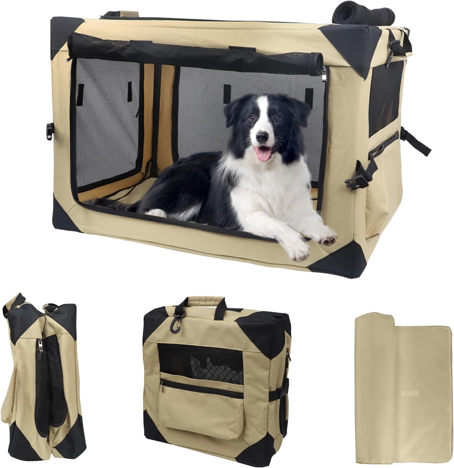 Wdmiya Dog Crates for Medium & Large Dogs, Portable Travel Dog Crate with Chew Proof Mesh, Soft Collapsible Dog Crate with Absorbent Dog Pad, Car Dog Kennel Indoor & Outdoor 4-Door (Khaki, l) l Khaki