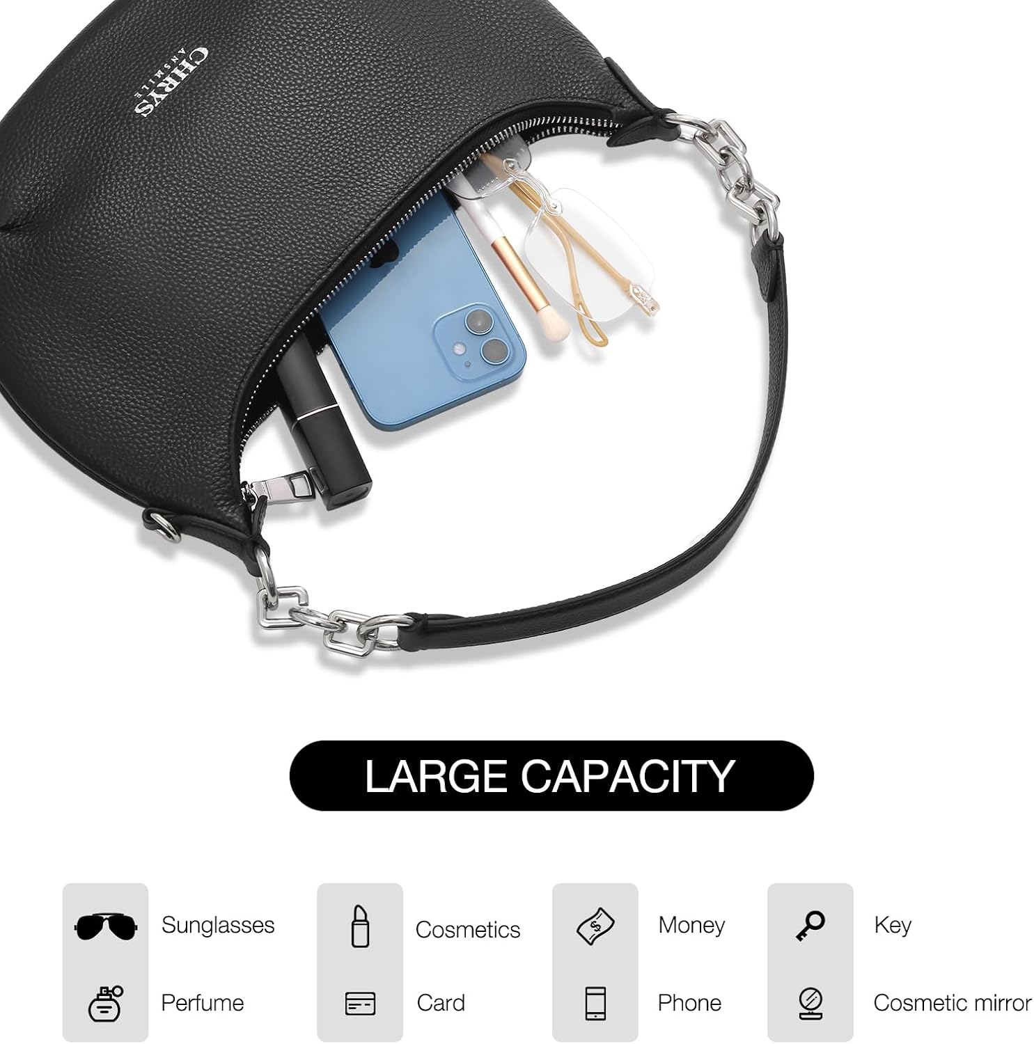 Small Black Shoulder Bags Mini Tote Bag Cute Purses for Women with Silver Chain Genuine Leather Crescent Bag