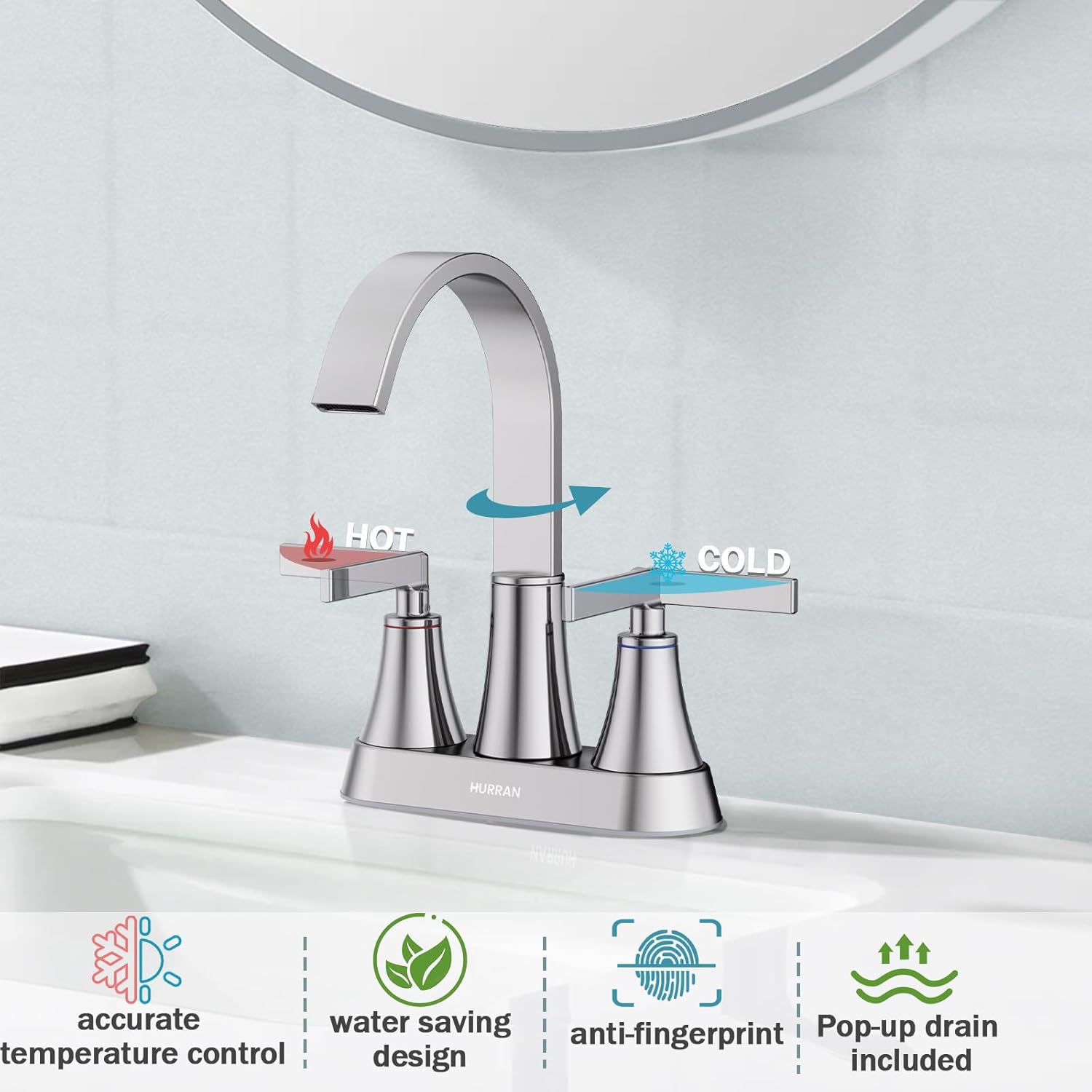 Centerset Bathroom Faucet, 2-Handle Bathroom Faucets, HURRAN 4 Inch Bar Sink Faucet, 1.2 GPM Flow Rate, Lead-Free, Chrome
