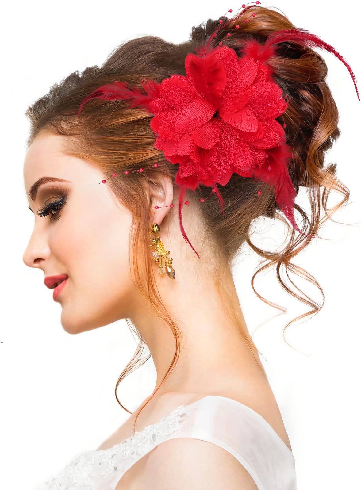 Greoer Red Rose Flower Hair Clip, Feather Fascinator Hair Band for Bridal Bridesmaid Girls, Floral Corsage Fascinator Hair Brooch for Women, Vintage Rose Hair Accessories for Christmas, Wedding