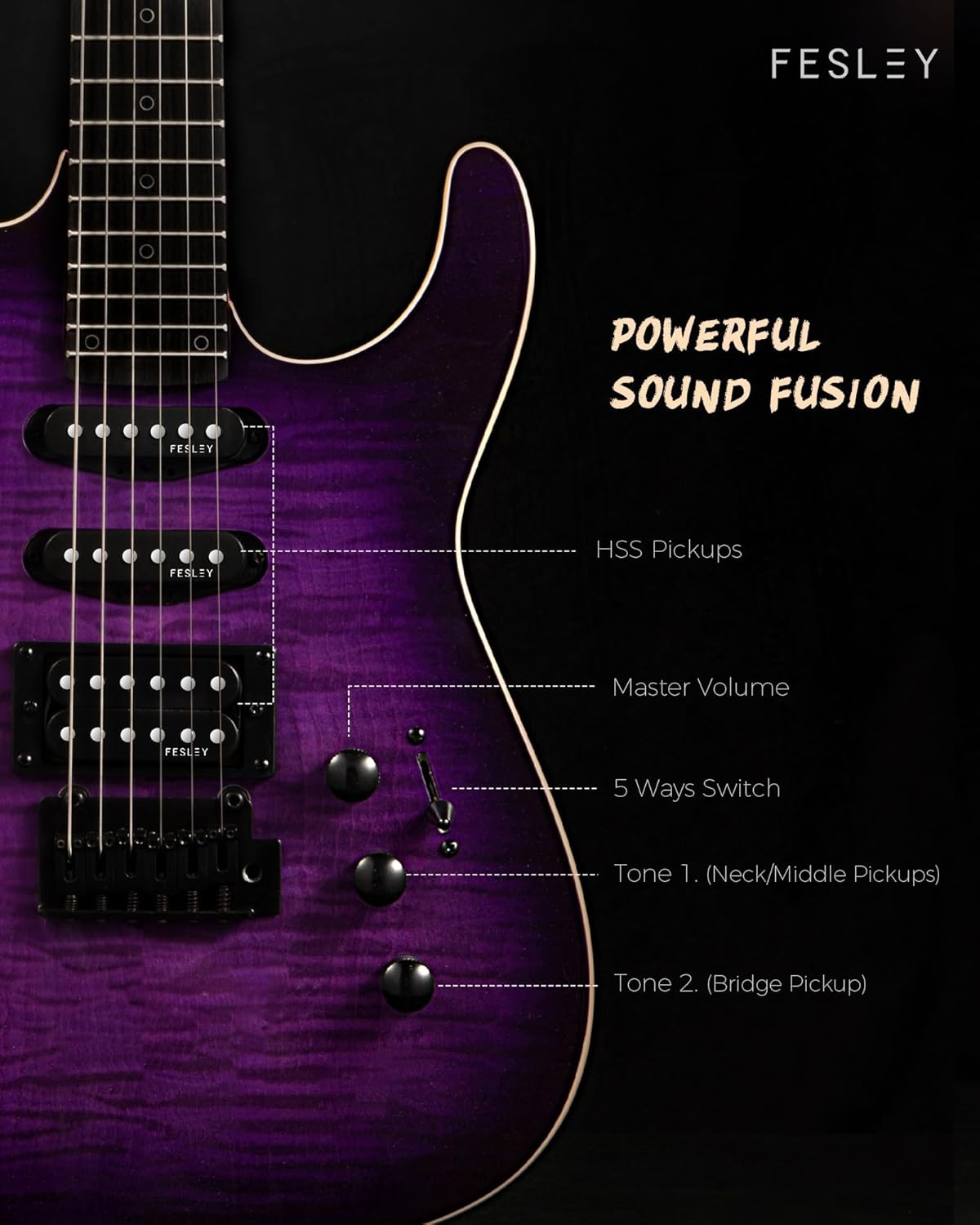 Fesley Electric Guitar, Full Size Solid Body Electric Guitar Beginner Kit, 6 String Guitar with HSS Pickups &24 Frets, Poplar Body Flame Maple Top Maple Neck With Gig Bag, Cable, Strap, FDK800, Purple